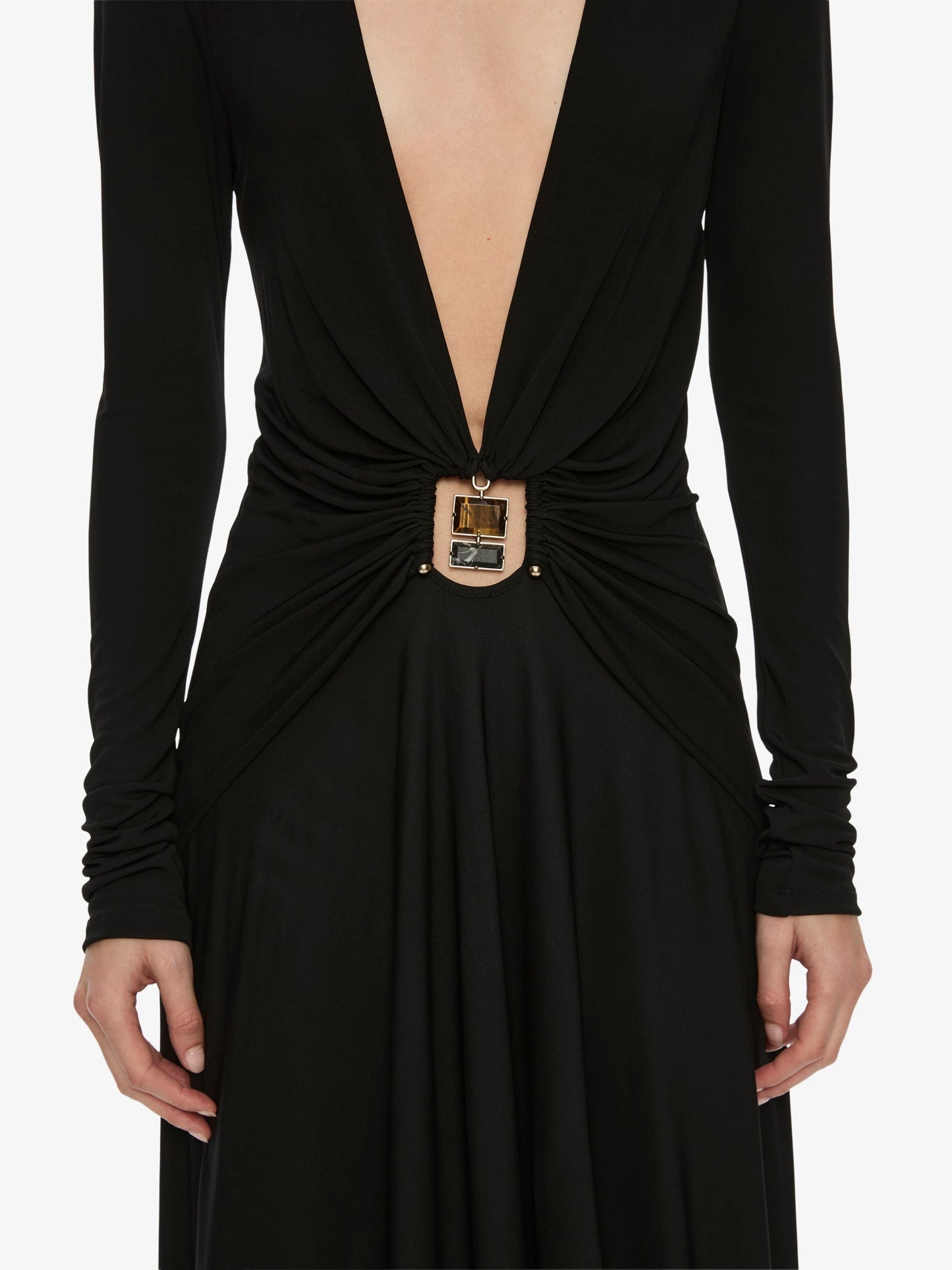 CHRISTOPHER ESBER Bezel Quartz Ruched Long Sleeve Dress (Black)