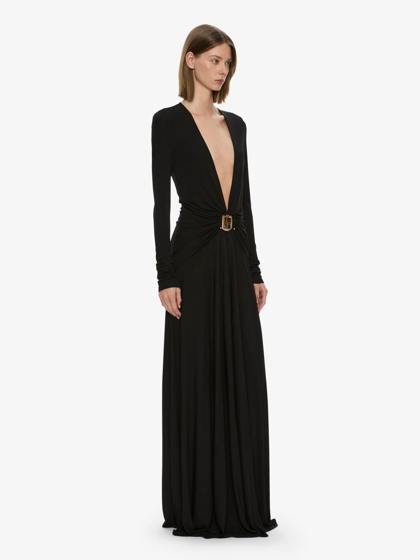 CHRISTOPHER ESBER Bezel Quartz Ruched Long Sleeve Dress (Black)