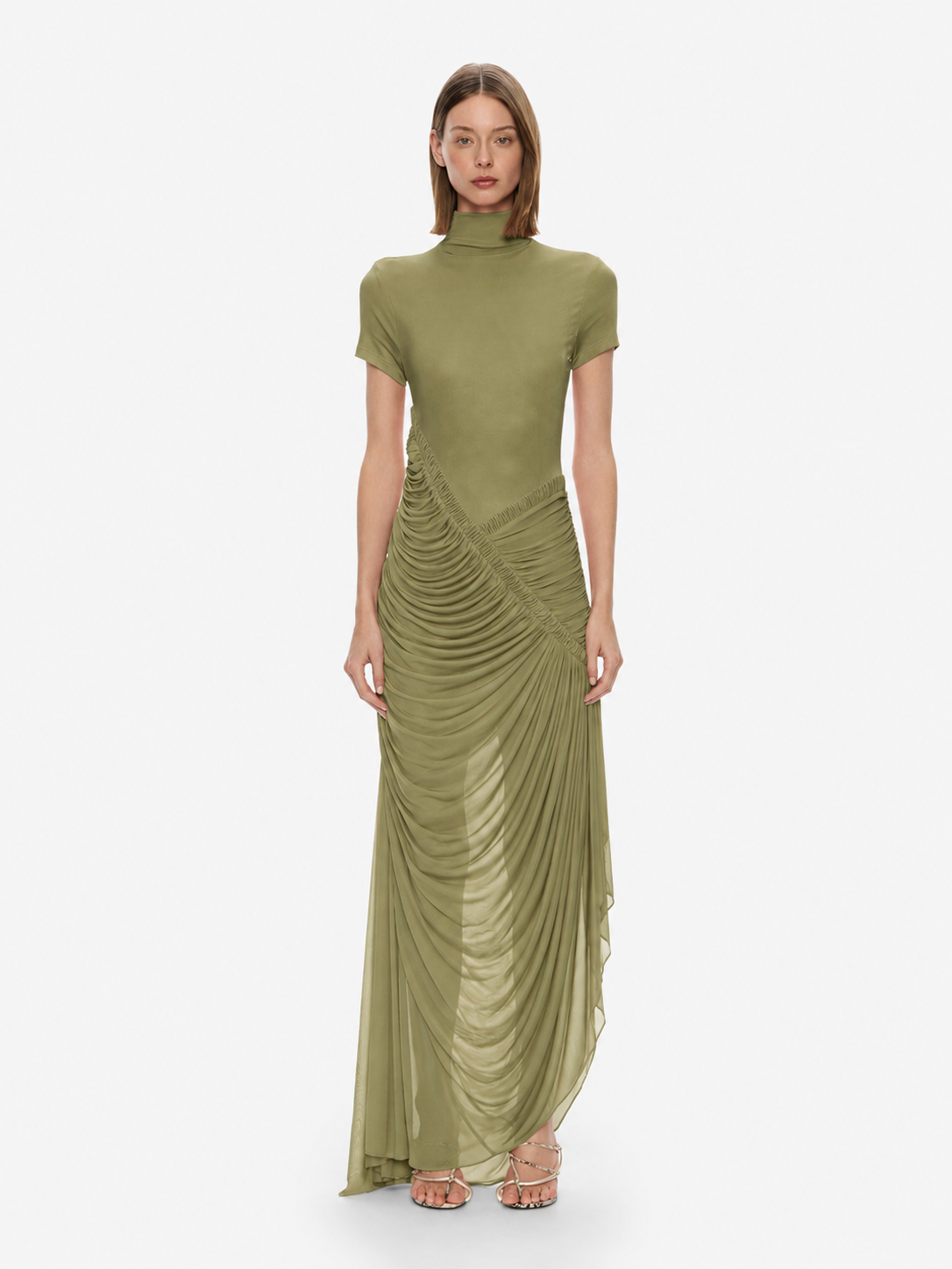 Image of Dresses. Product name - Fusion Ruched Ripple Dress in Fennel colour by brand - CHRISTOPHER ESBER