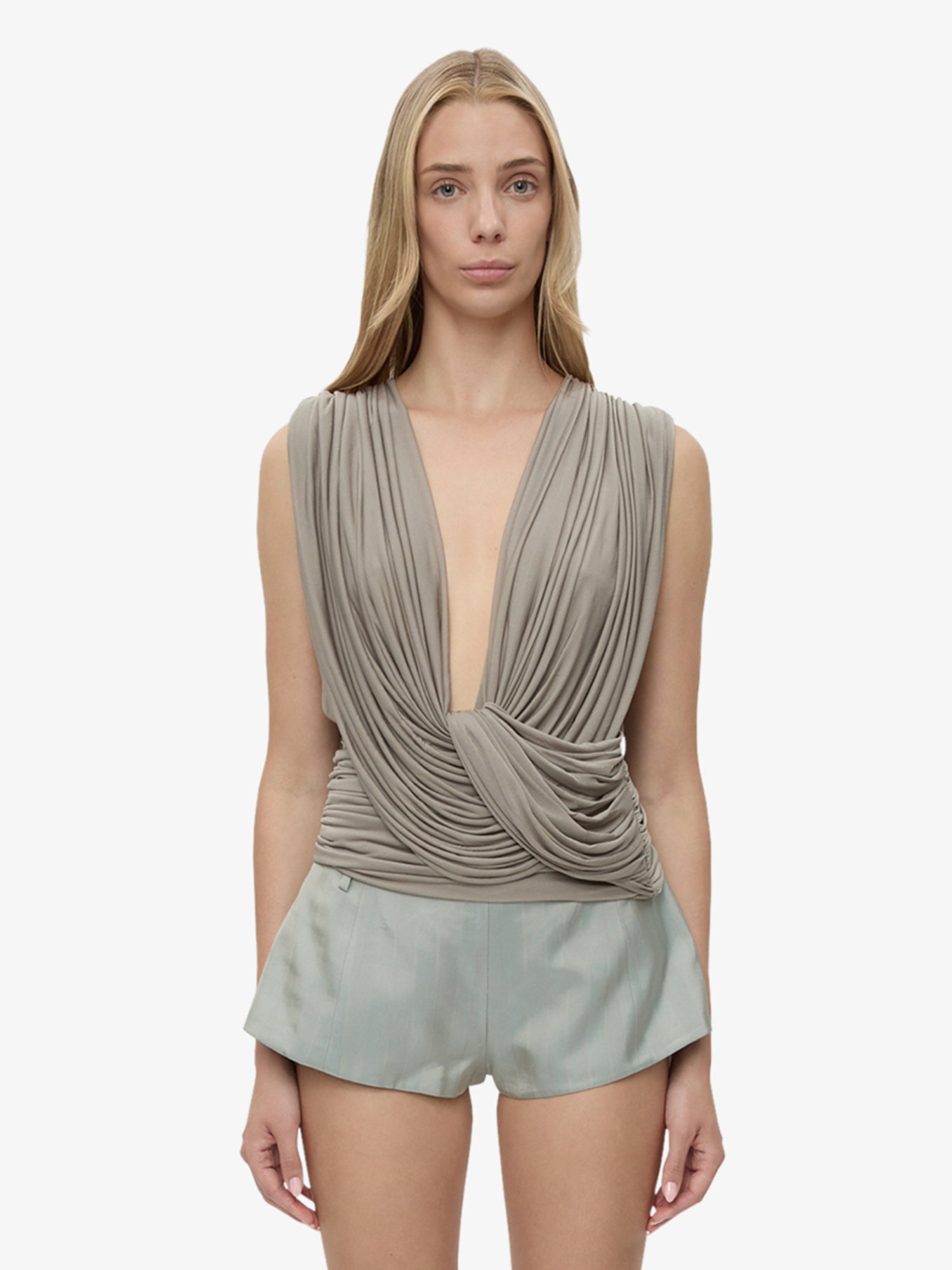 Image of a model wearing Tops. Productname: Ripple Drape Top in Slate colour by brand - CHRISTOPHER ESBER