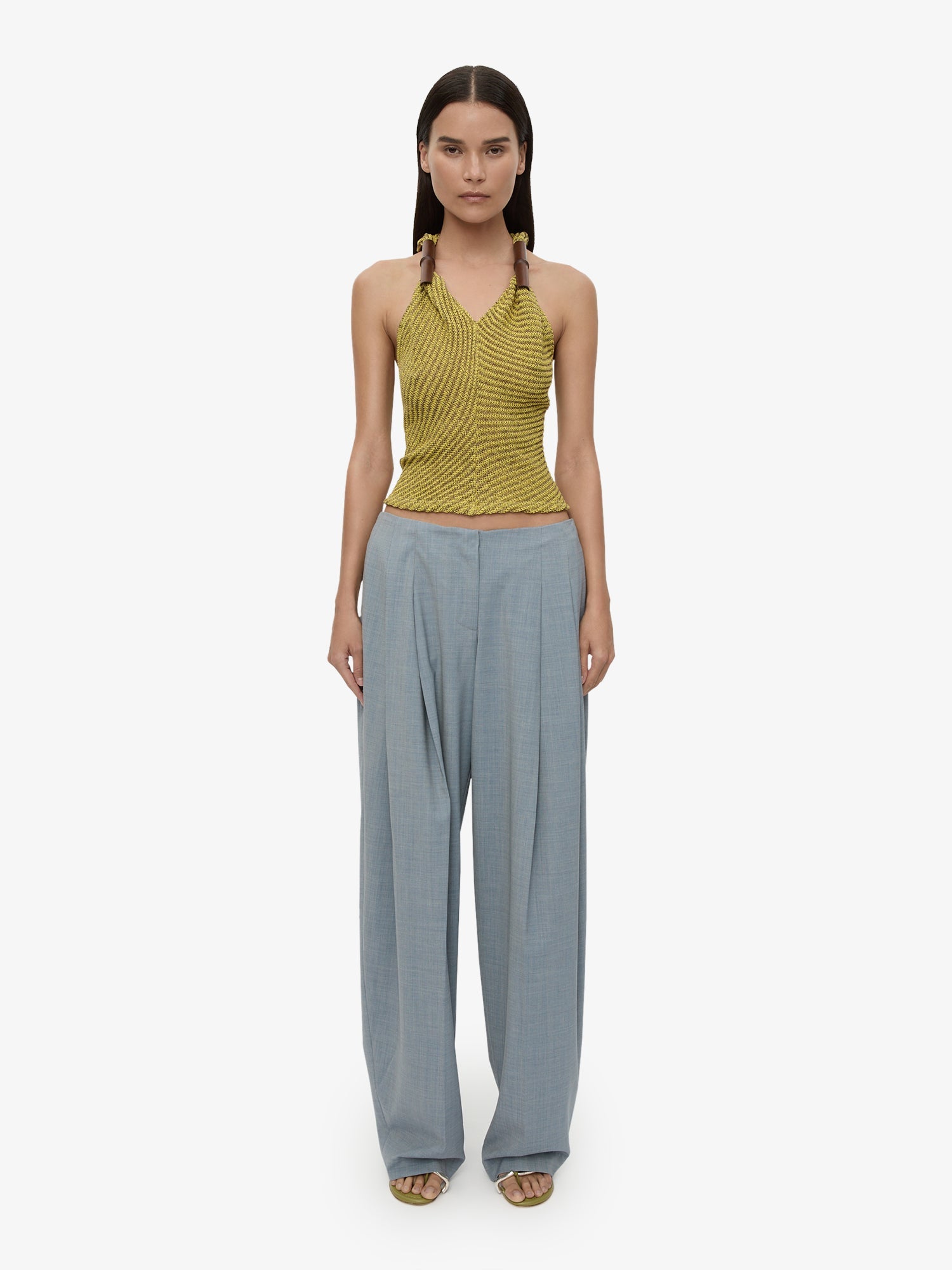 Image of a model wearing Pants. Productname: Plinth Tailored Trouser in Lightwash colour by brand - CHRISTOPHER ESBER