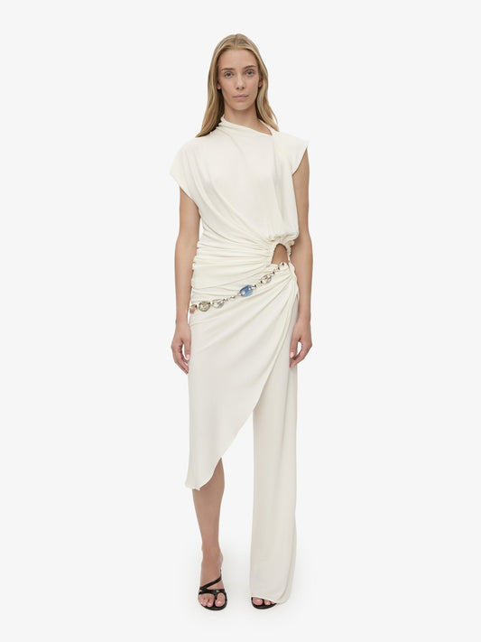 Image of a model wearing Pants. Product name - Crystal Cable Chain Draped Skirt Trouser in Trouser colour by brand - CHRISTOPHER ESBER