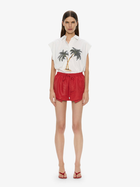Image of a model wearing Shorts. Productname: Moire Archie Runner in Red colour by brand - CHRISTOPHER ESBER