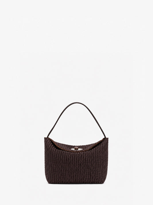 Image of Bags. Product name - Turnlock Raffia Mini Bag in Chocolate colour by brand - CHRISTOPHER ESBER