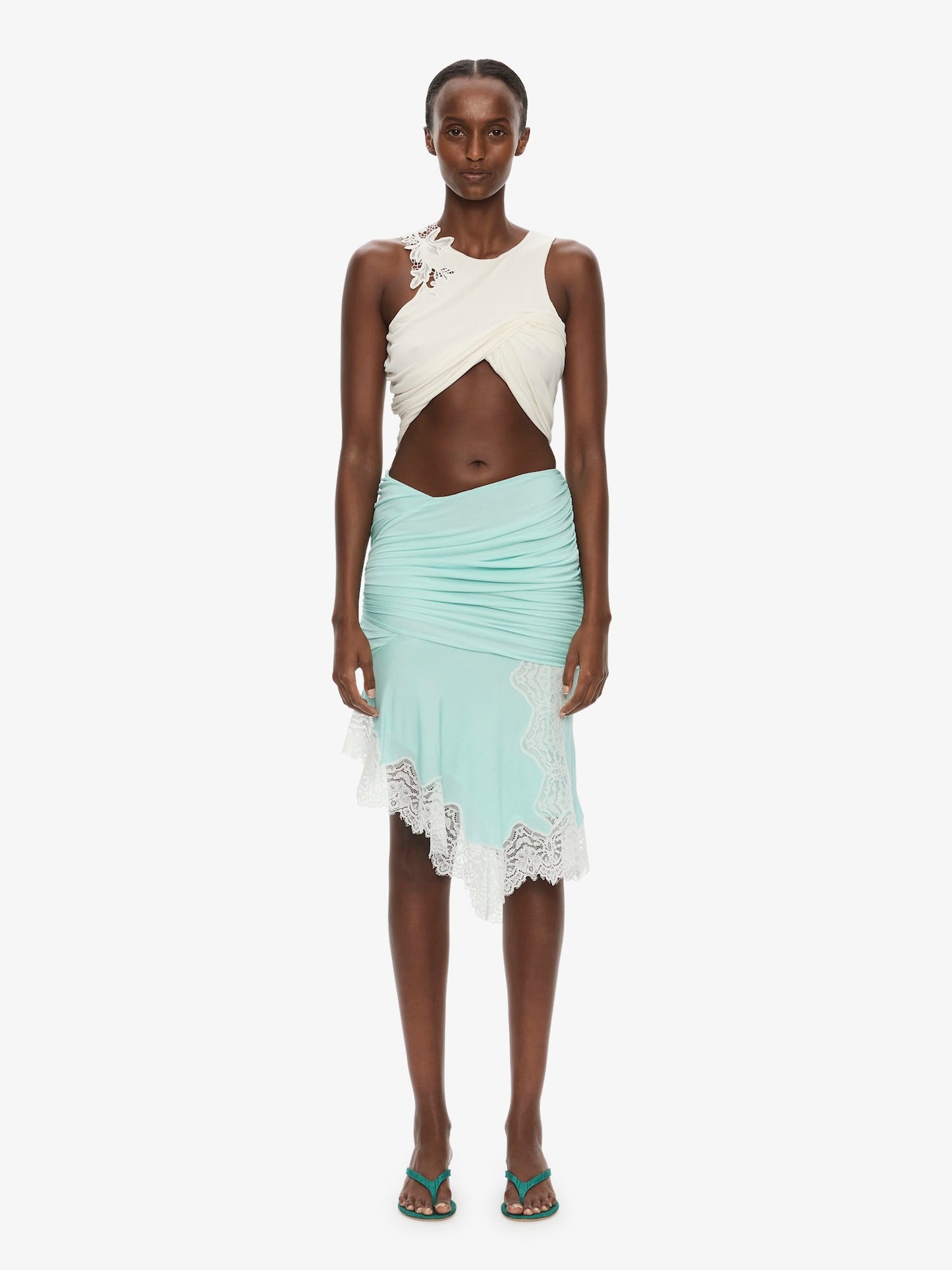 Image of a model wearing Skirts. Product name - Incline Gathered Skirt in White colour by brand - CHRISTOPHER ESBER