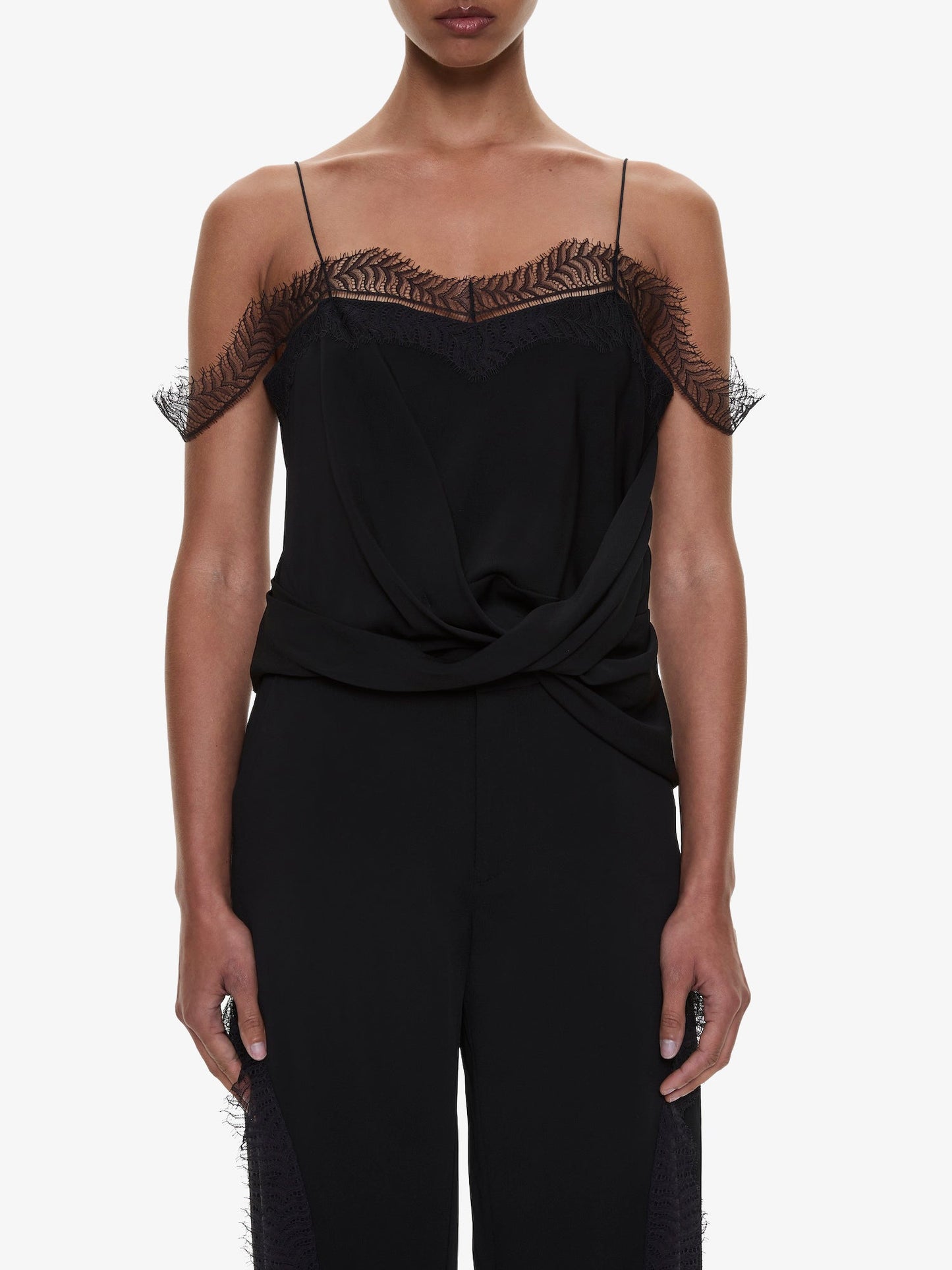 CHRISTOPHER ESBER Miro Split Lace Draped Cami (Black)