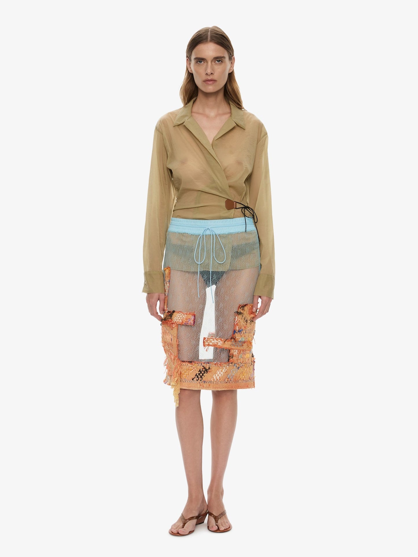 CHRISTOPHER ESBER Kirk Mottled Sheer Leather Tie Shirt (Moss)