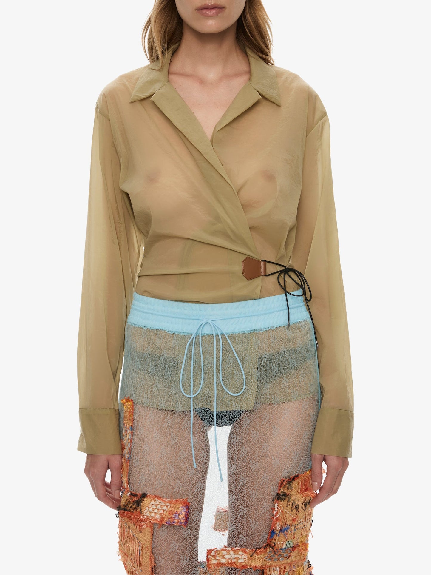 CHRISTOPHER ESBER Kirk Mottled Sheer Leather Tie Shirt (Moss)