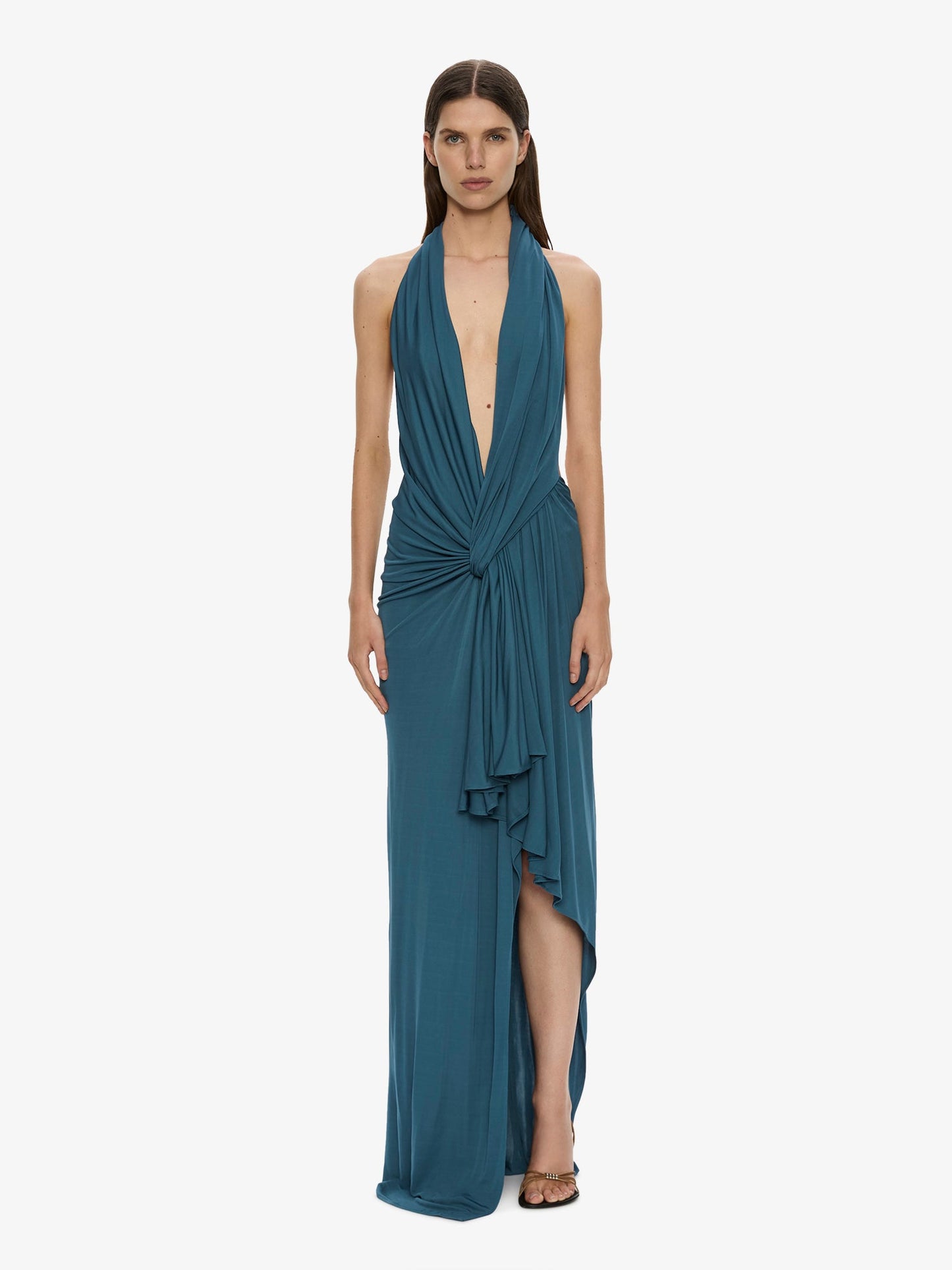 Image of Dresses. Product name - Spire Cascade Gown in Petrol colour by brand - CHRISTOPHER ESBER
