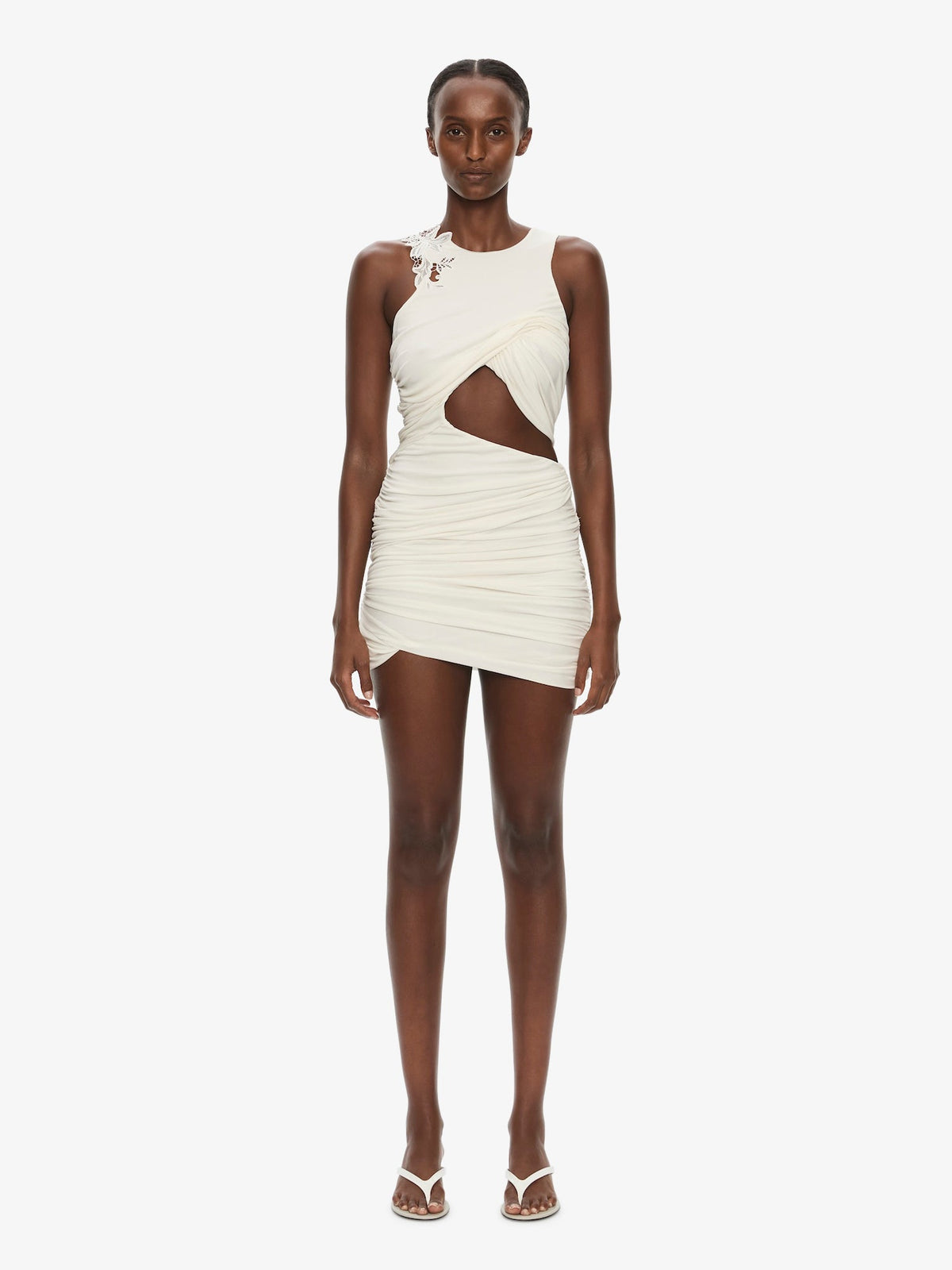 Image of Dresses. Product name - Hibiscus Embroidered Fold Up Mini Dress in White colour by brand - CHRISTOPHER ESBER