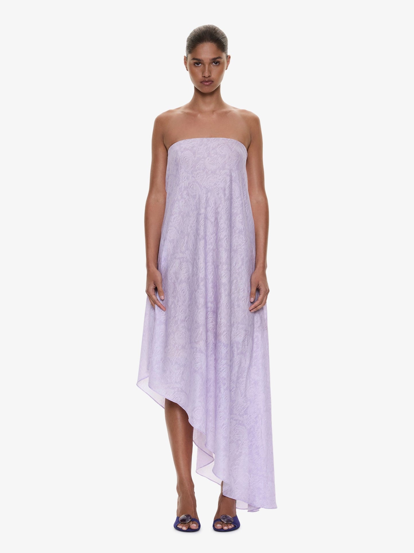 Image of Dresses. Product name - Light Leak Jacquard Cascade Strapless Dress in Lilac colour by brand - CHRISTOPHER ESBER