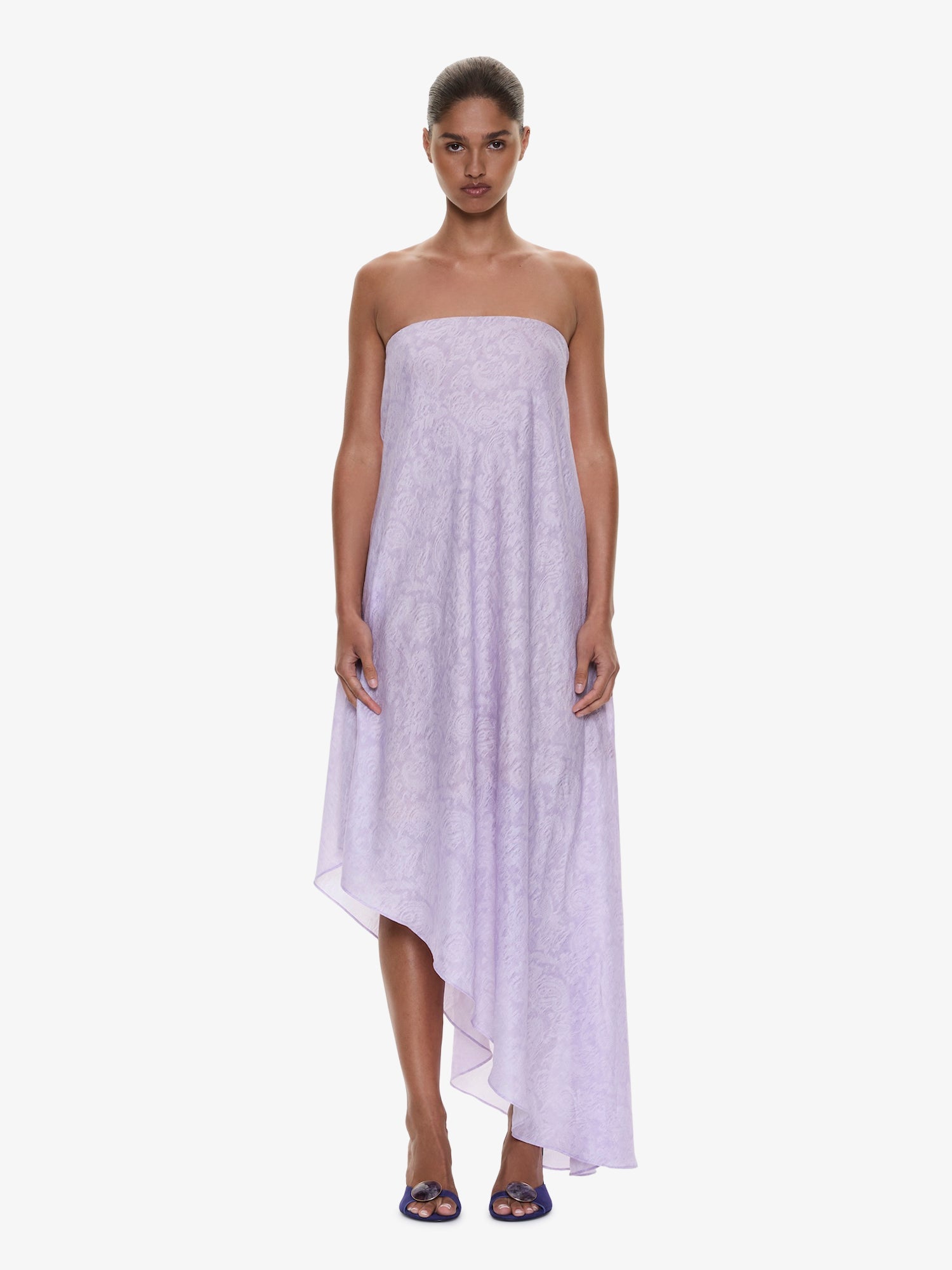 Image of Dresses. Product name - Light Leak Jacquard Cascade Strapless Dress in Lilac colour by brand - CHRISTOPHER ESBER