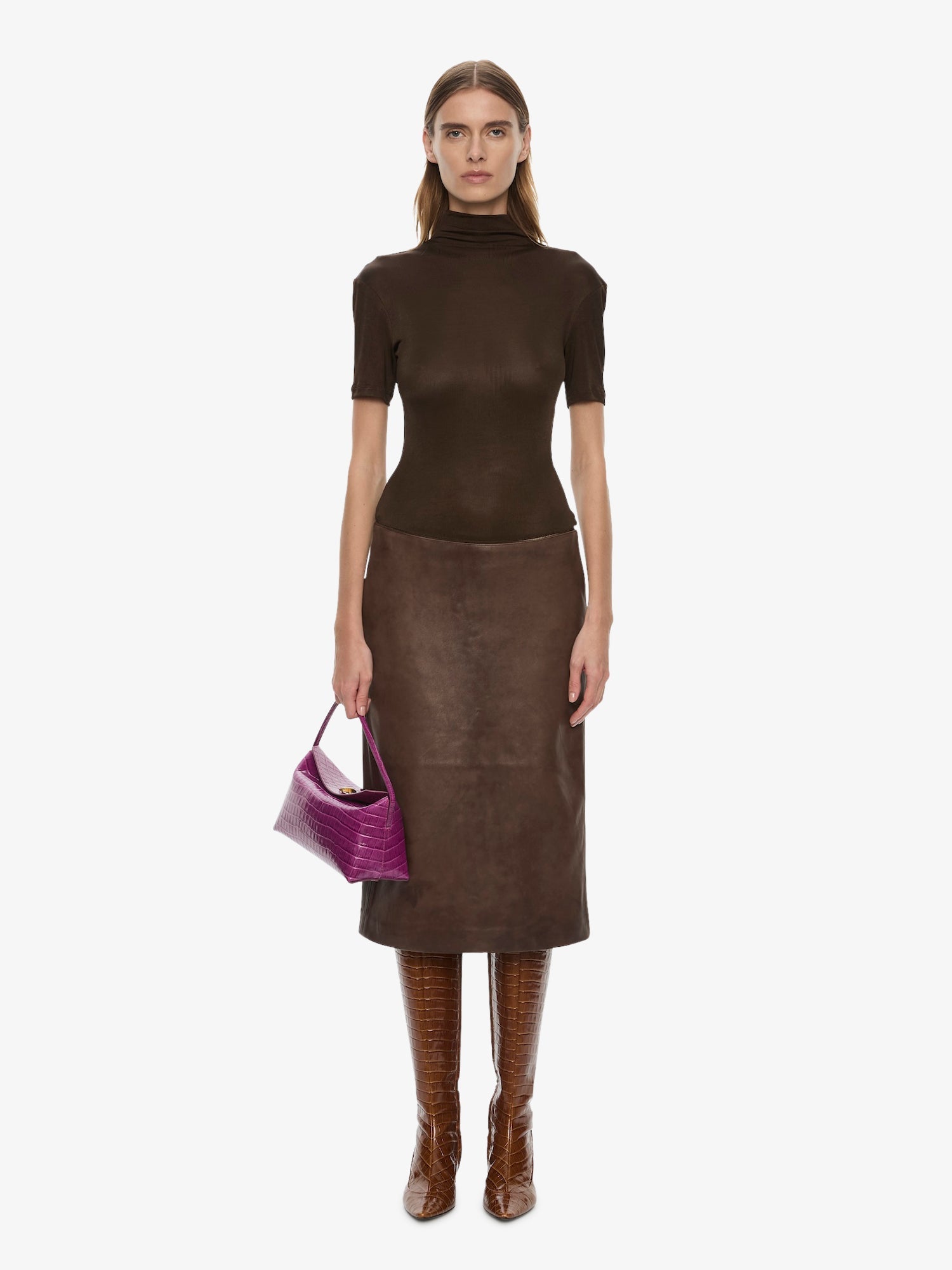 Image of Dresses. Product name - Redux Ribbed Leather Tee Dress in Umber colour by brand - CHRISTOPHER ESBER