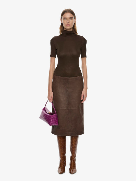 Image of Dresses. Product name - Redux Ribbed Leather Tee Dress in Umber colour by brand - CHRISTOPHER ESBER