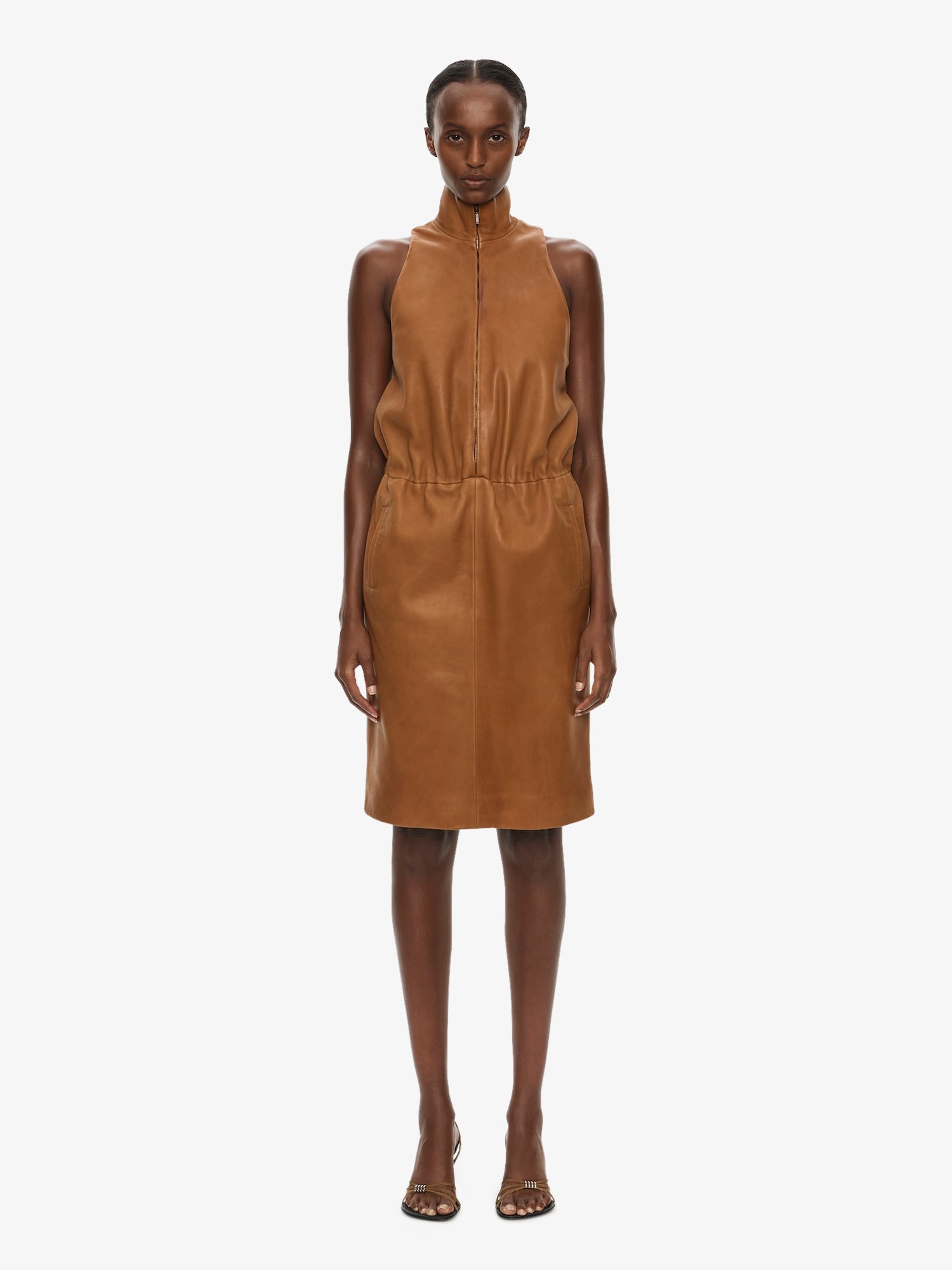 Image of Dresses. Product name - Dannie Leather Zipped Dress in Cognac colour by brand - CHRISTOPHER ESBER