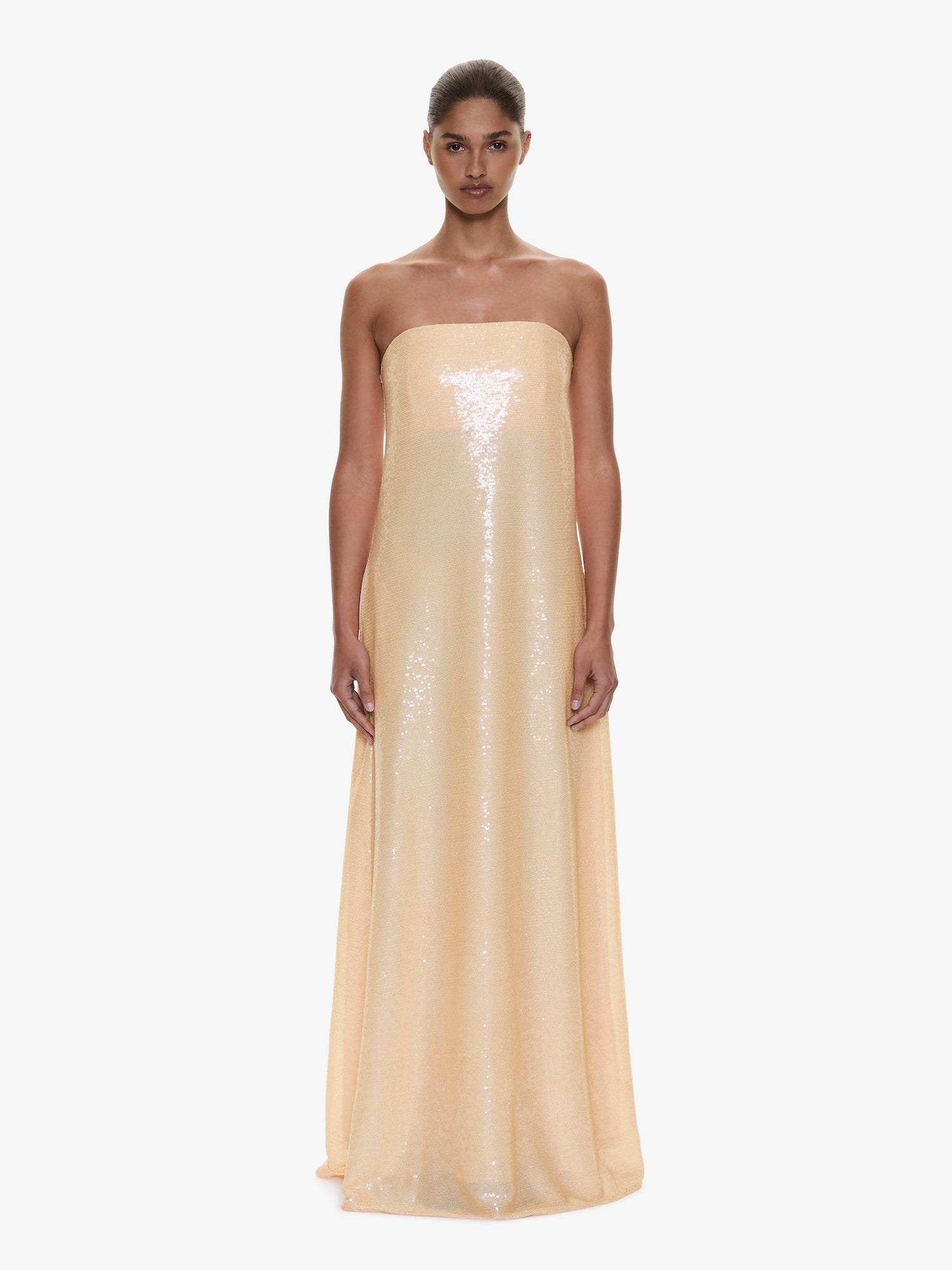 Image of Dresses. Product name - Opaline Sequin Strapless Gown in Butter colour by brand - CHRISTOPHER ESBER