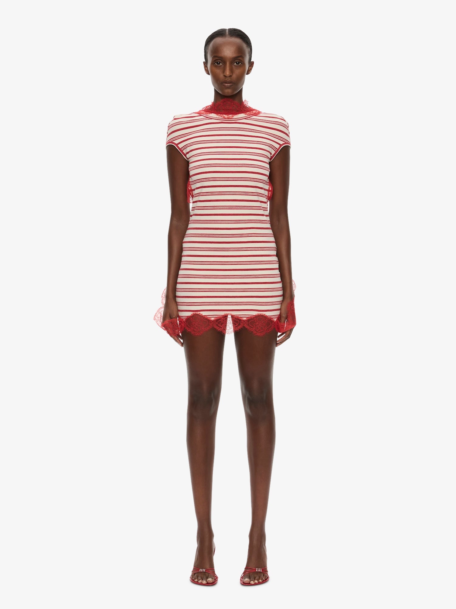 Image of Dresses. Product name - Stripe Jersey Lace Trimmed Tee Dress in White colour by brand - CHRISTOPHER ESBER