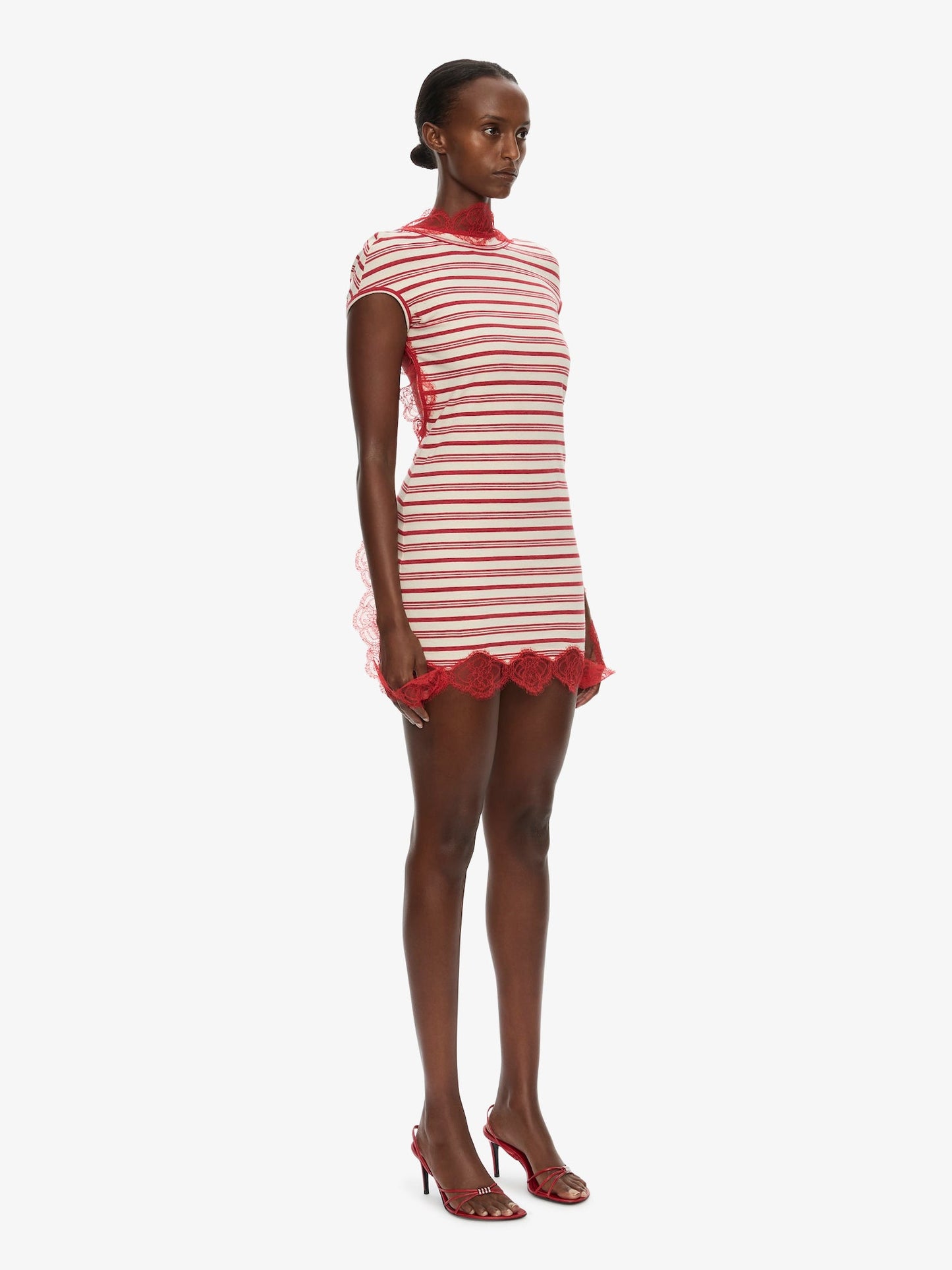 CHRISTOPHER ESBER Stripe Jersey Lace Trimmed Tee Dress (White)