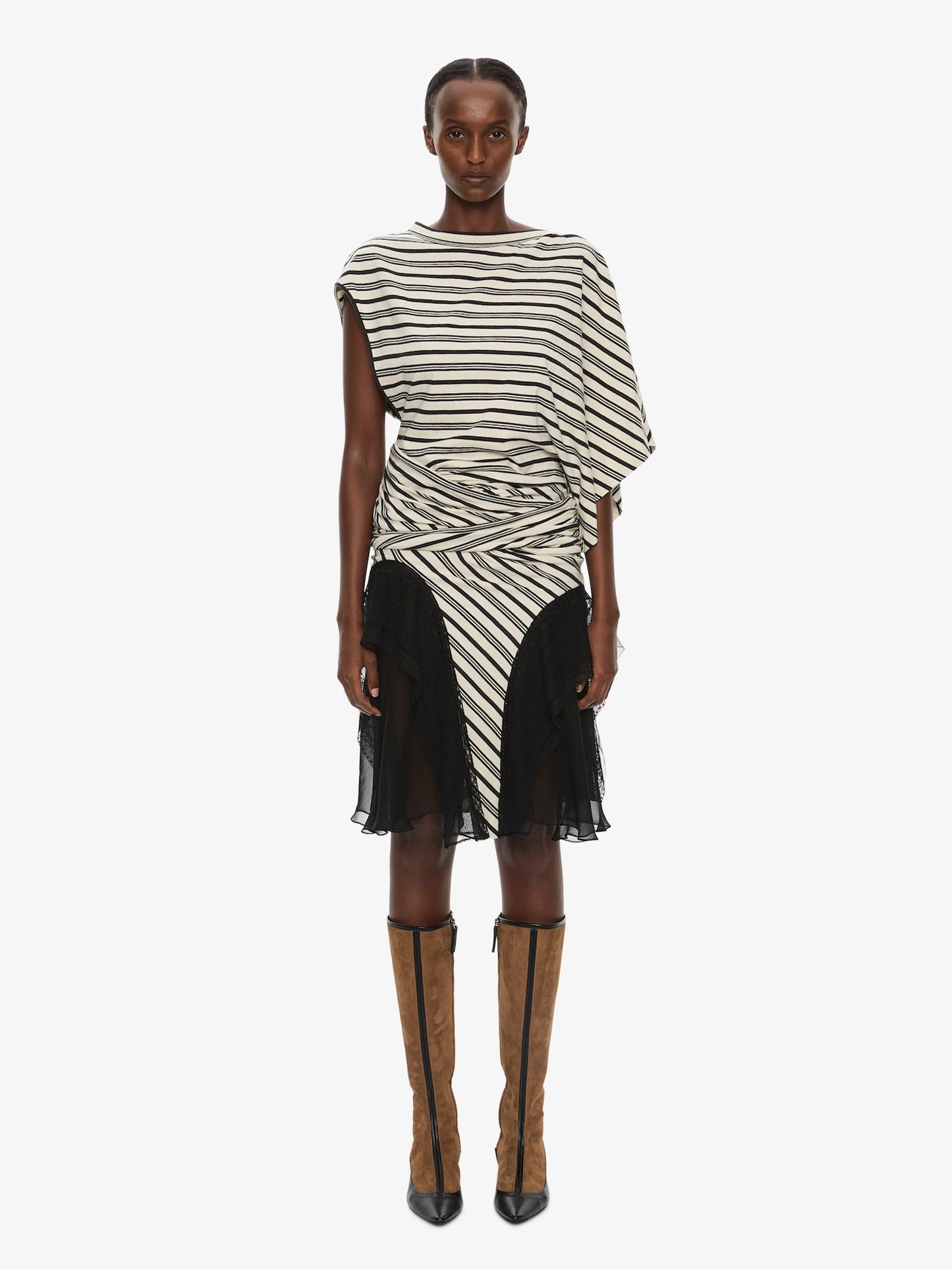 Image of Dresses. Product name - Striped Jersey Panelled Tee Dress in White colour by brand - CHRISTOPHER ESBER
