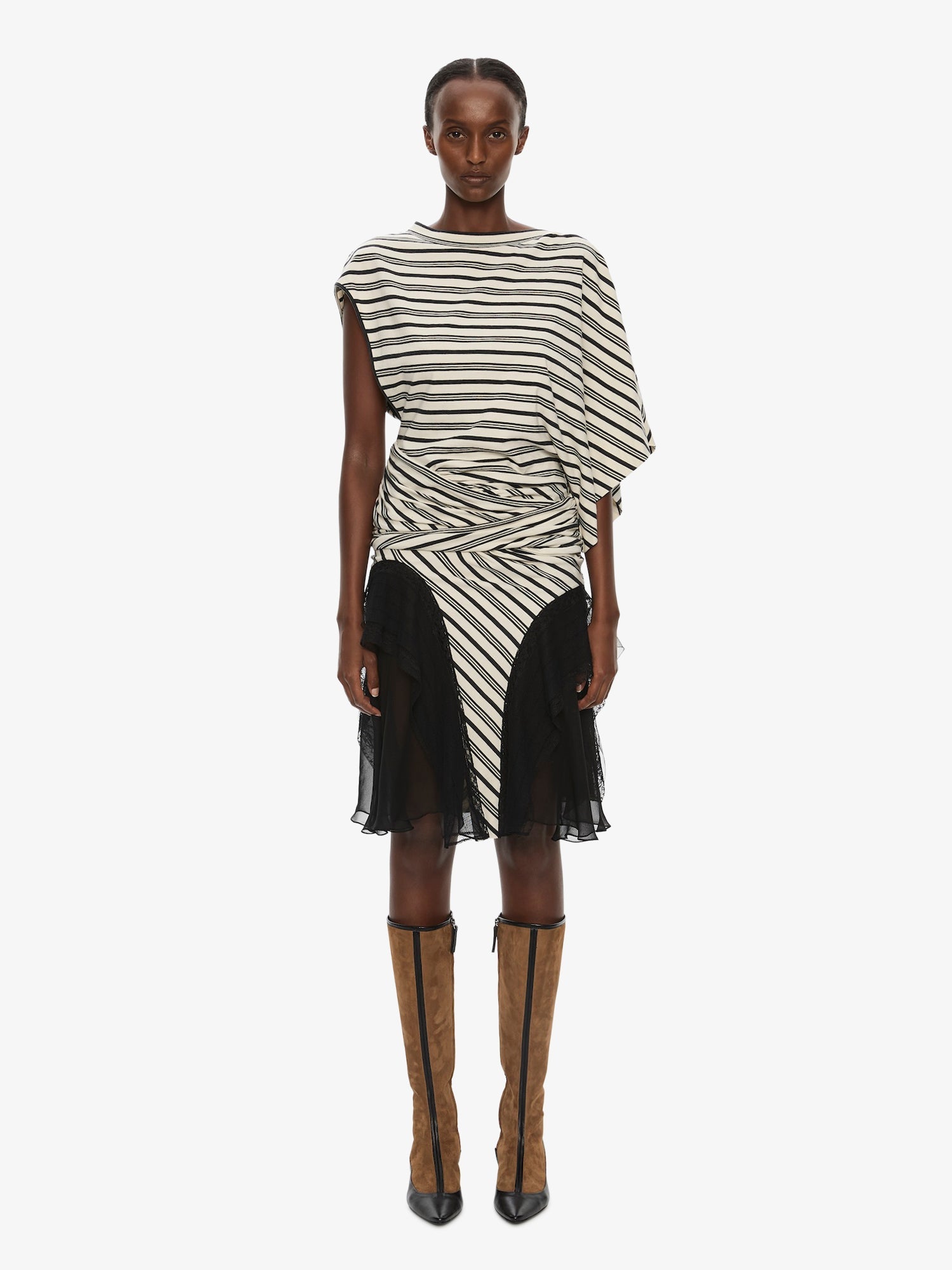 Image of Dresses. Product name - Striped Jersey Panelled Tee Dress in White colour by brand - CHRISTOPHER ESBER