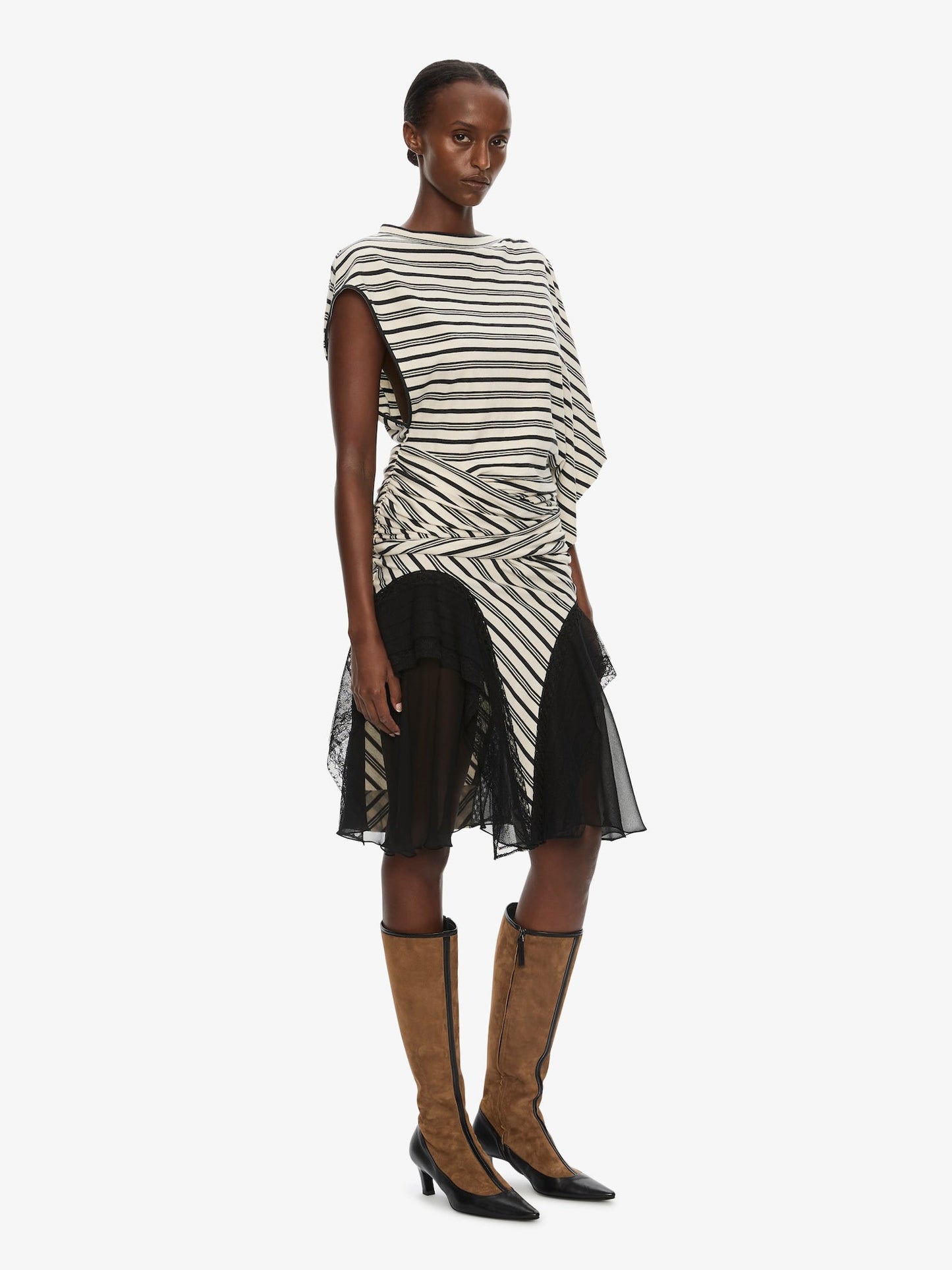 CHRISTOPHER ESBER Striped Jersey Panelled Tee Dress (White)