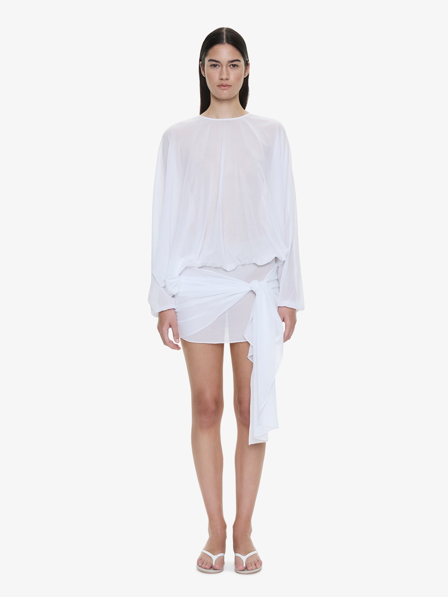 Image of Dresses. Product name - Porto Tie Long Sleeve Mini Dress in White colour by brand - CHRISTOPHER ESBER