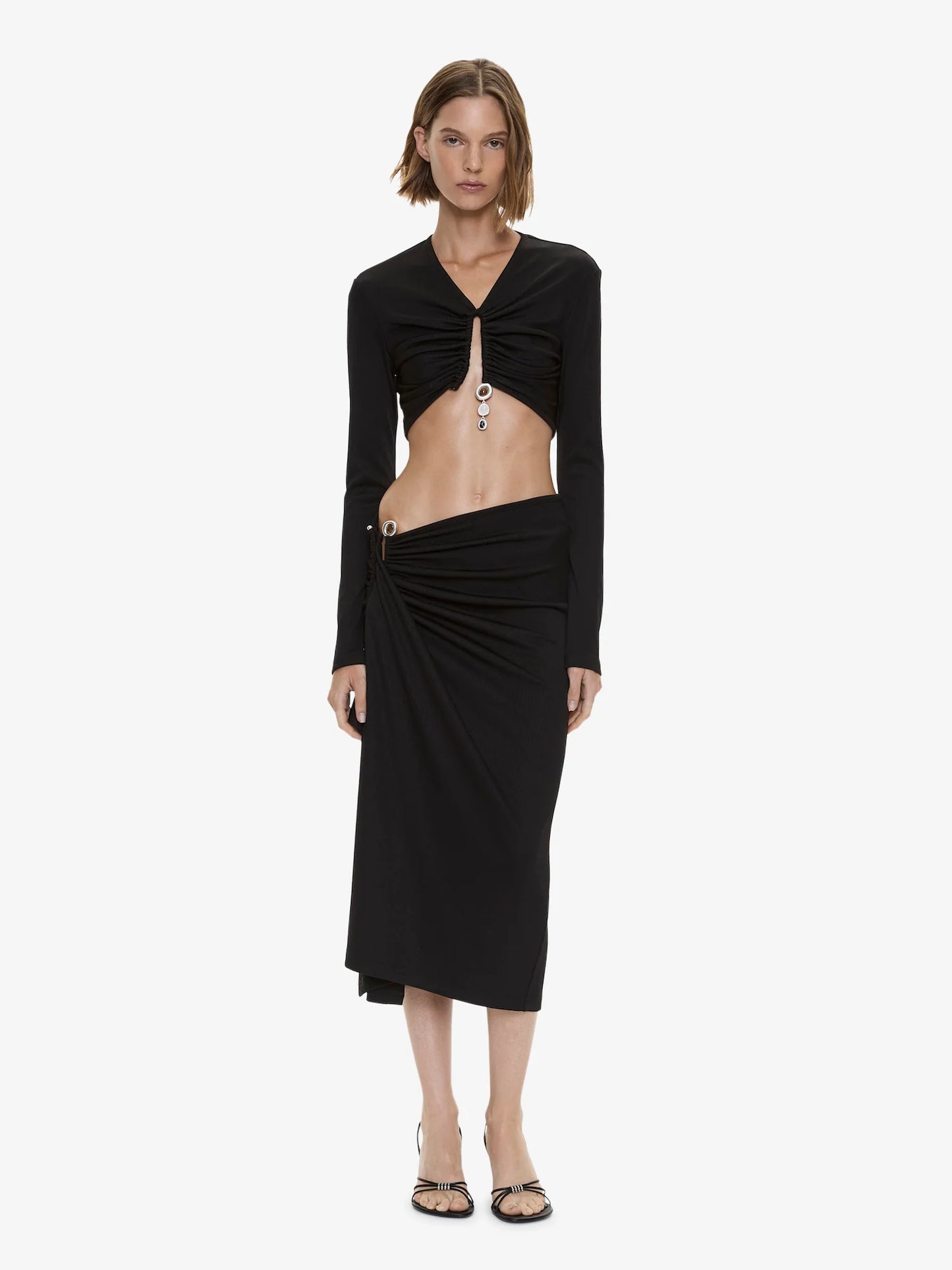 Image of Clothing Tops. Product name - Droplet Crystal Pendant Long Sleeve Top in Black colour by brand - CHRISTOPHER ESBER