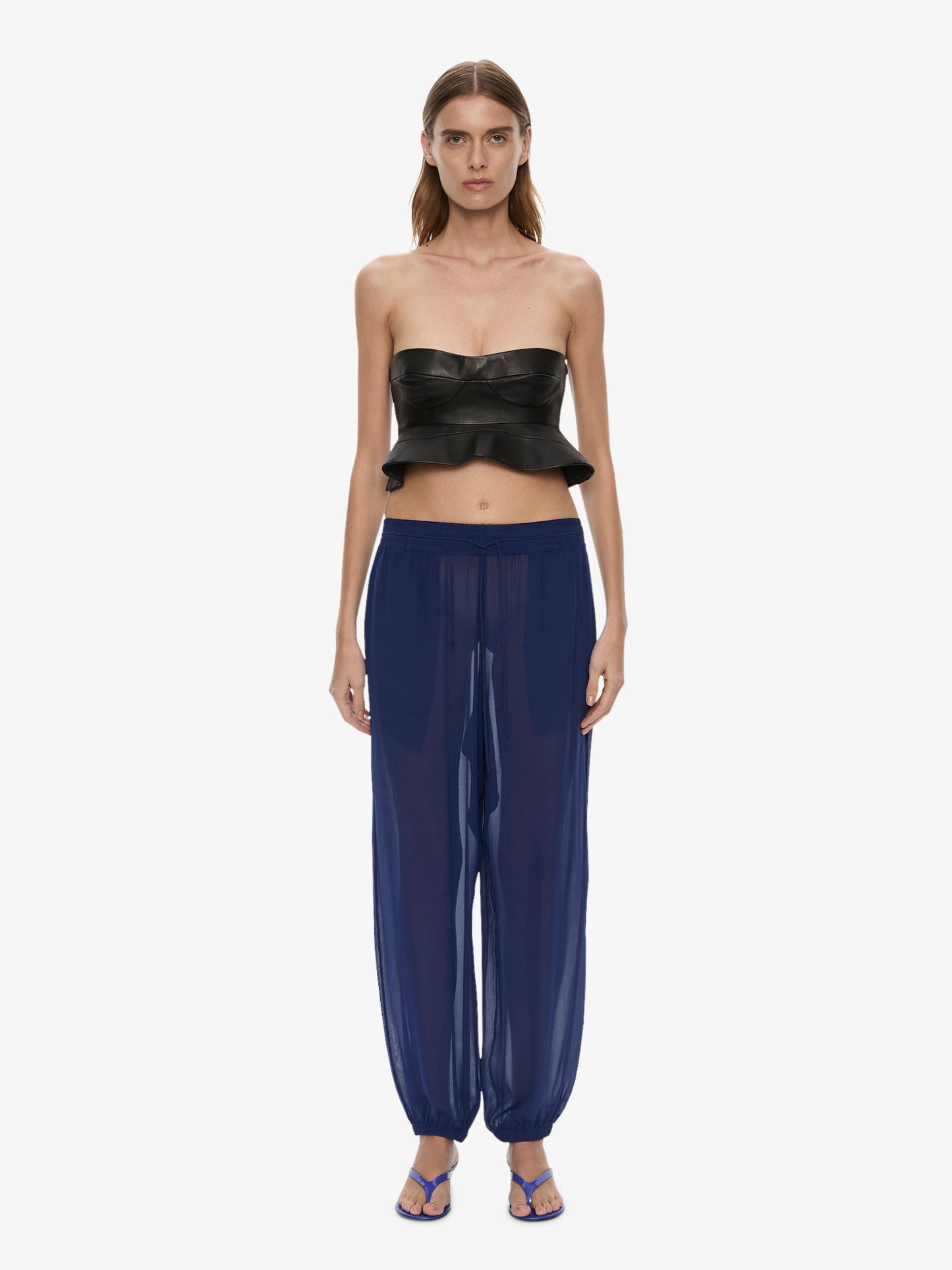 Image of a model wearing Pants. Product name - Bennett Silk Pant in Ink colour by brand - CHRISTOPHER ESBER