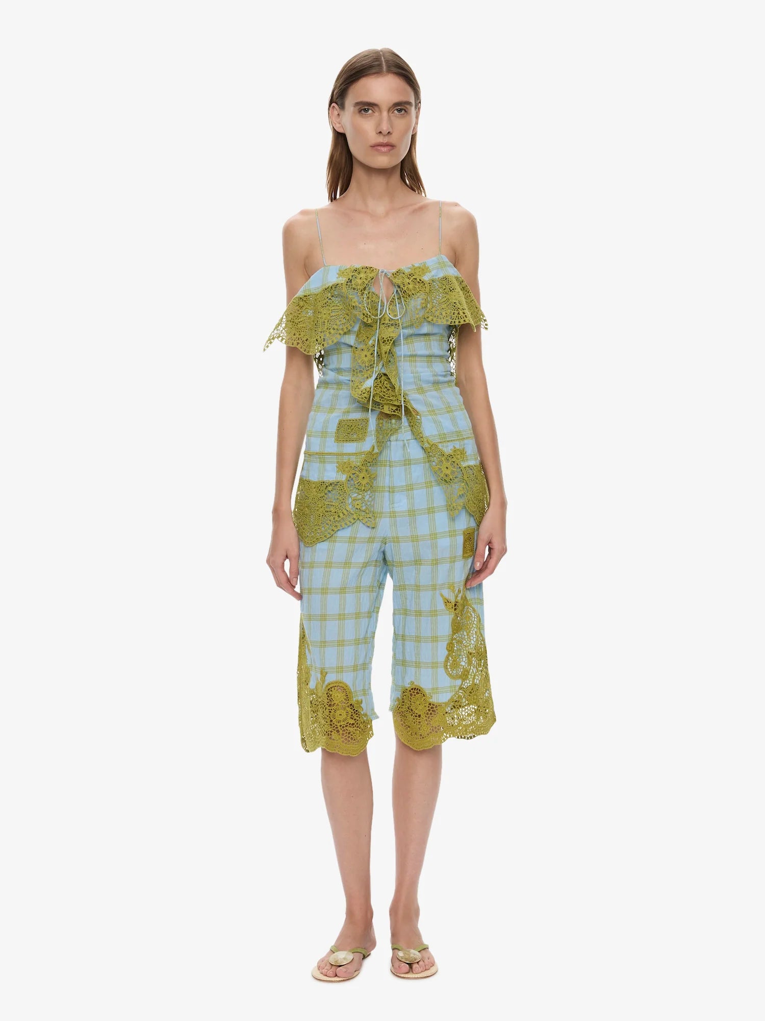 Image of a model wearing Shorts. Product name - Maya Embroidered Handkerchief Shorts in Check colour by brand - CHRISTOPHER ESBER
