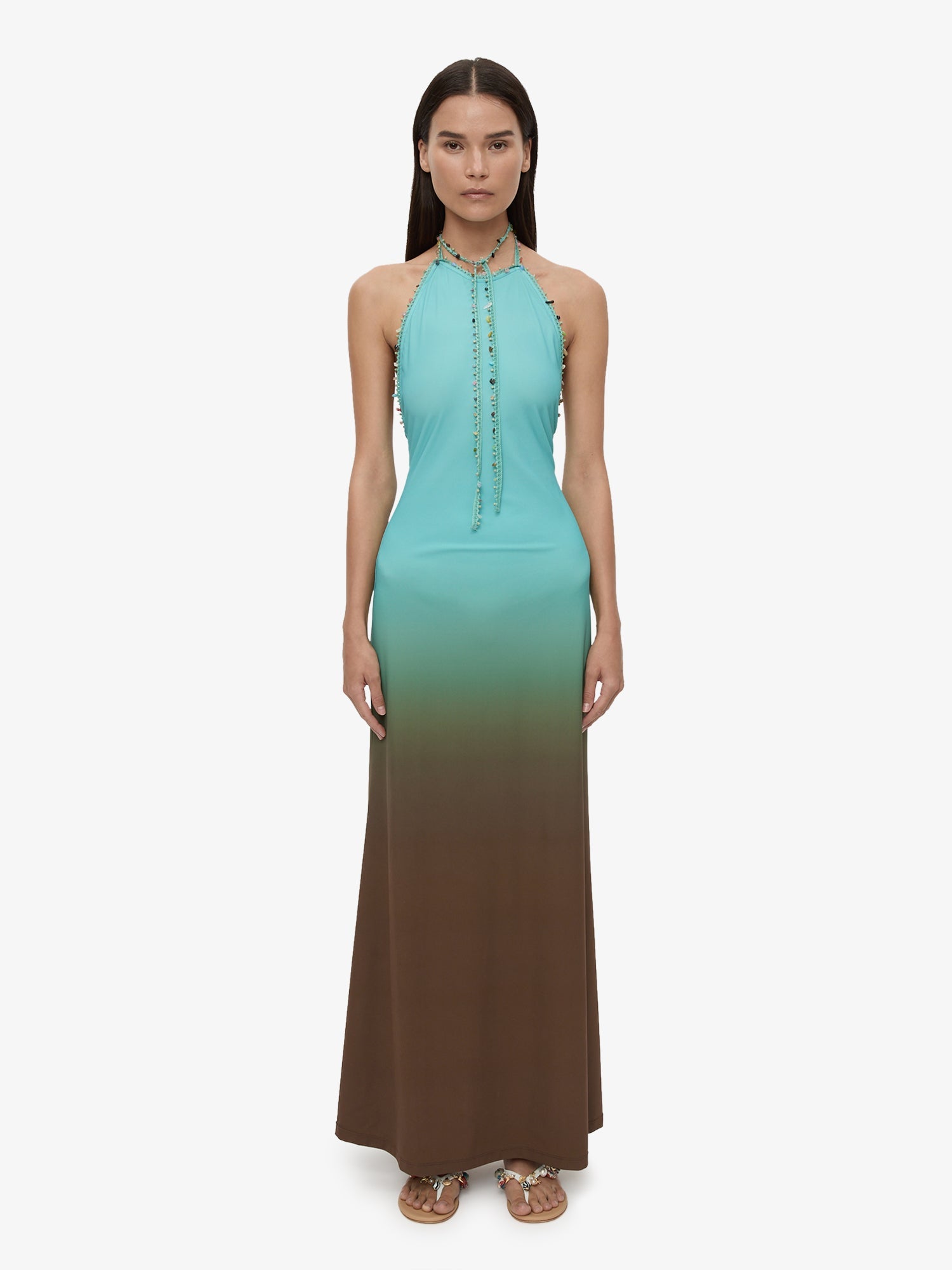 Image of Dresses. Product name - Beach Quartz Halter Ombre Dress in Turquoise colour by brand - CHRISTOPHER ESBER