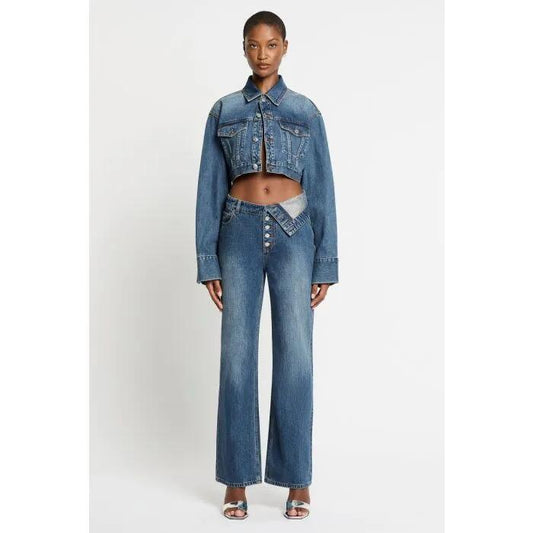 Image of a model wearing Denim. Productname: Squad Denim Jean in Indigo colour by brand - sass and bide