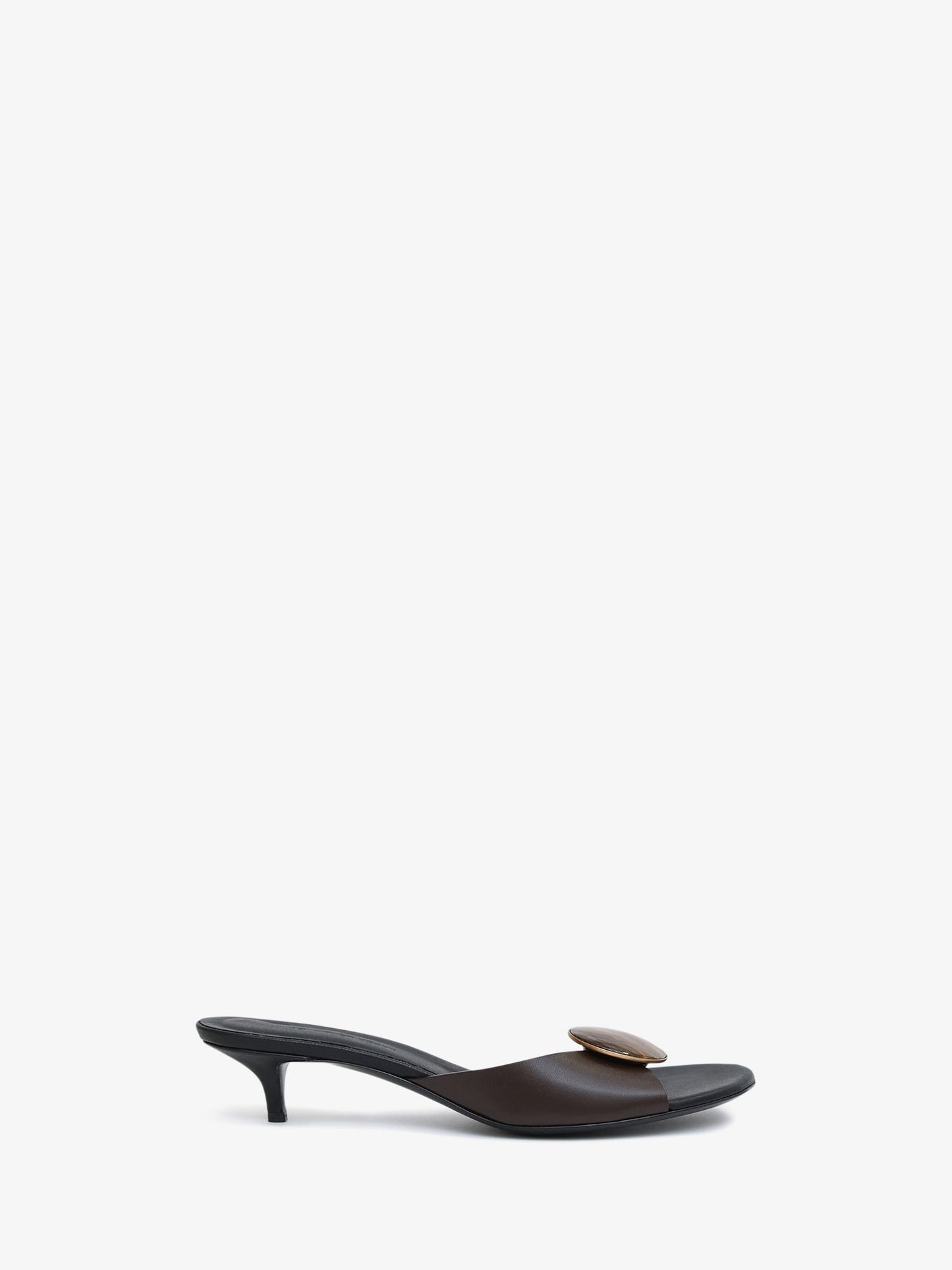 Image of Sandals. Product name - Aura Quartz Kitten Mule in Carob colour by brand - CHRISTOPHER ESBER