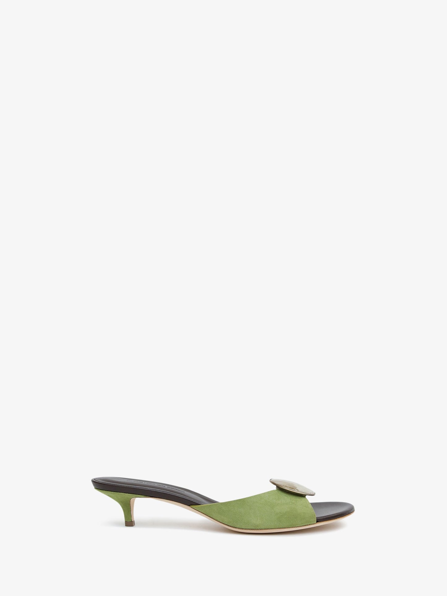 Image of Sandals. Product name - Aura Quartz Suede Kitten Mule in Carob colour by brand - CHRISTOPHER ESBER