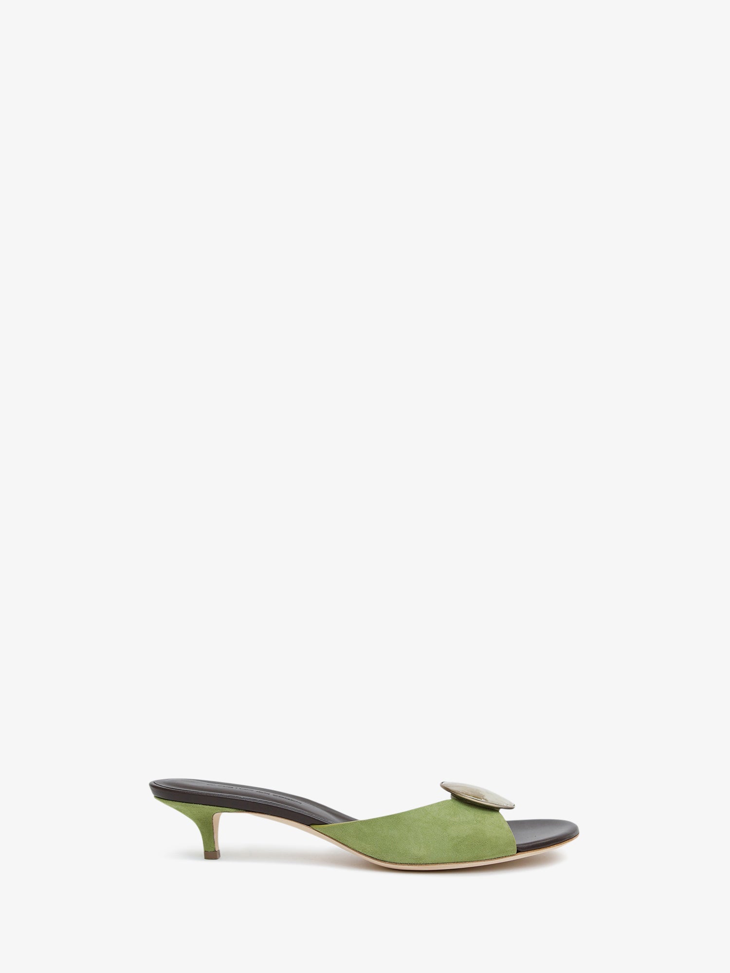 Image of Sandals. Product name - Aura Quartz Suede Kitten Mule in Carob colour by brand - CHRISTOPHER ESBER