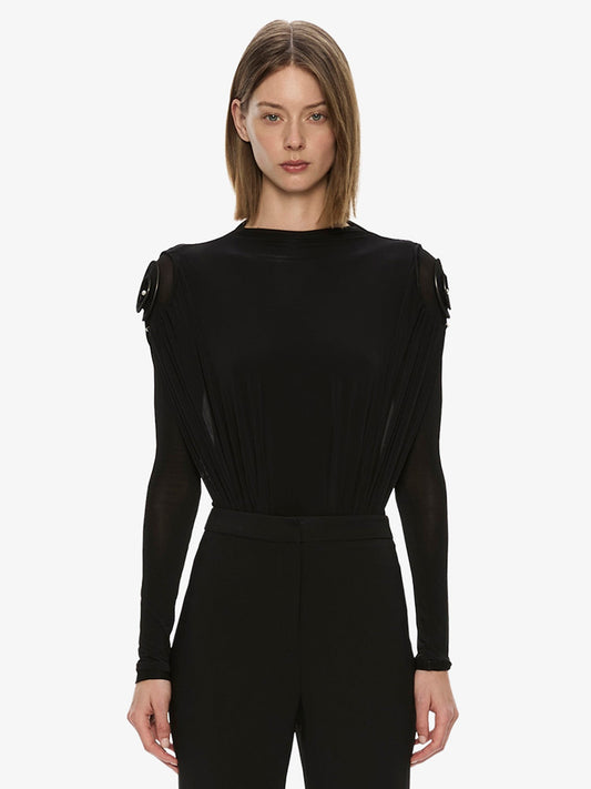 Image of a model wearing Tops. Product name - Aurelia Sculpted Spiral Bodysuit in Black colour by brand - CHRISTOPHER ESBER