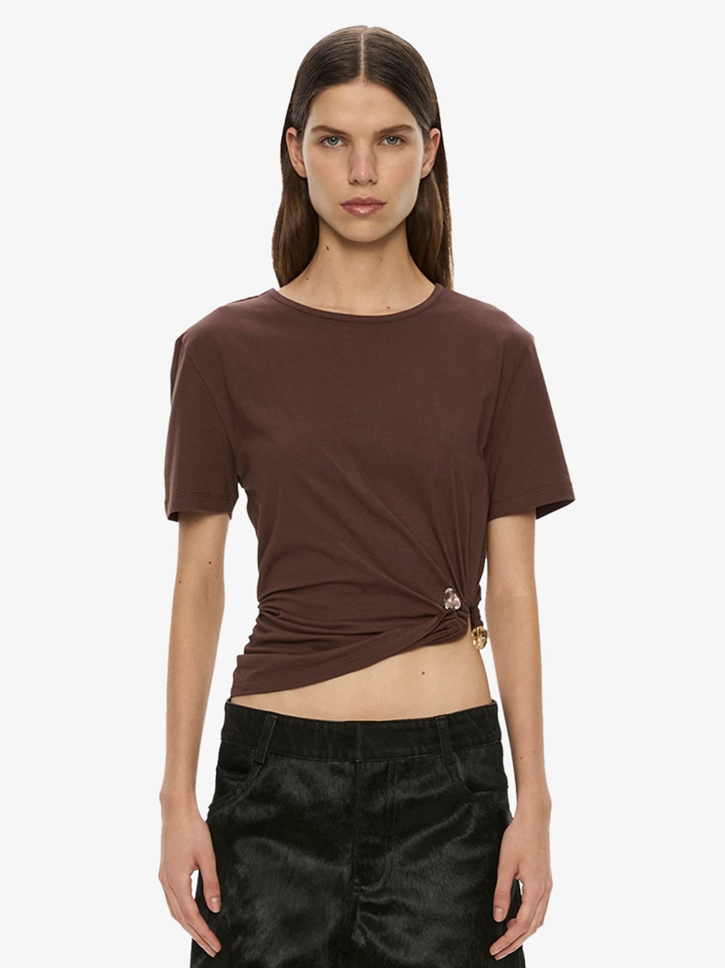 Image of a model wearing Tops. Product name - Bree Quartz Tee in Puce colour by brand - CHRISTOPHER ESBER