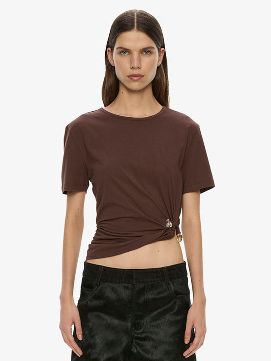 Image of a model wearing Tops. Product name - Bree Quartz Tee in Puce colour by brand - CHRISTOPHER ESBER