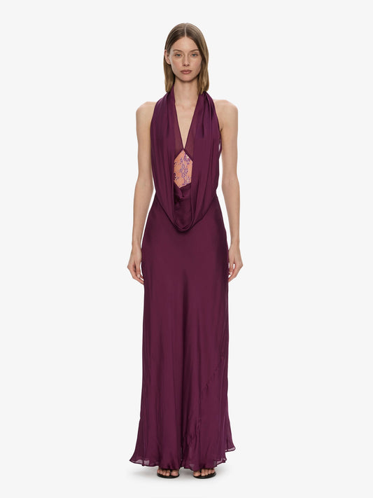 Image of Dresses. Product name - Cesura Cowl Lace Halter Gown in Plum colour by brand - CHRISTOPHER ESBER