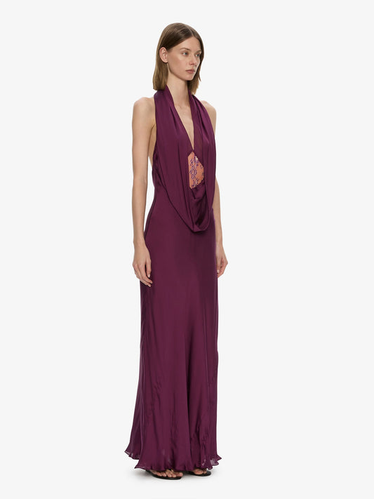 CHRISTOPHER ESBER Cesura Cowl Lace Halter Gown (Plum)
