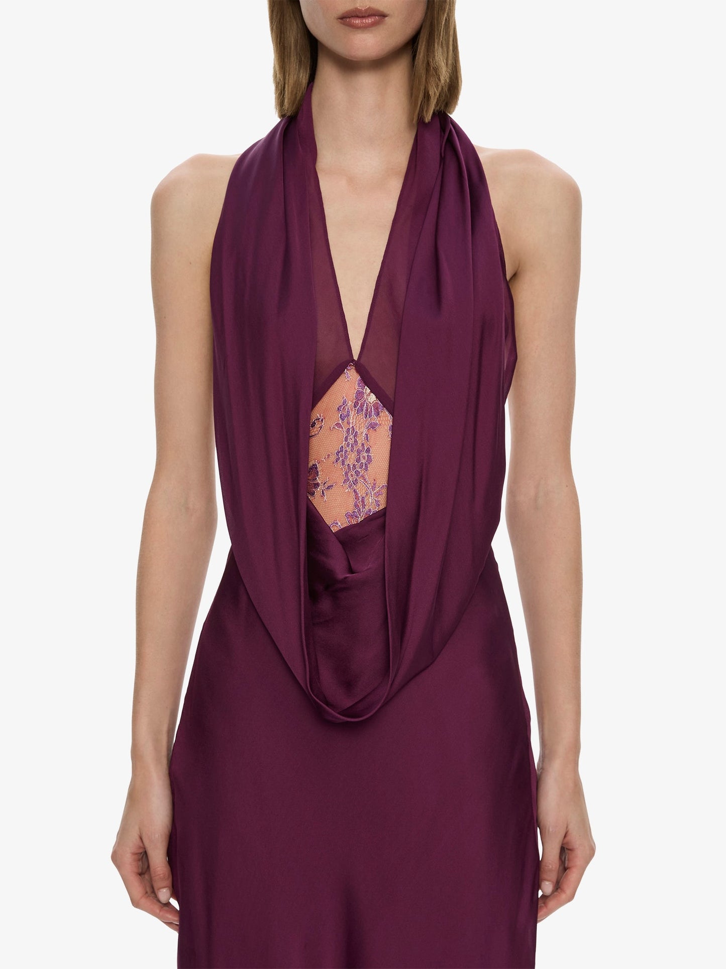 CHRISTOPHER ESBER Cesura Cowl Lace Halter Gown (Plum)