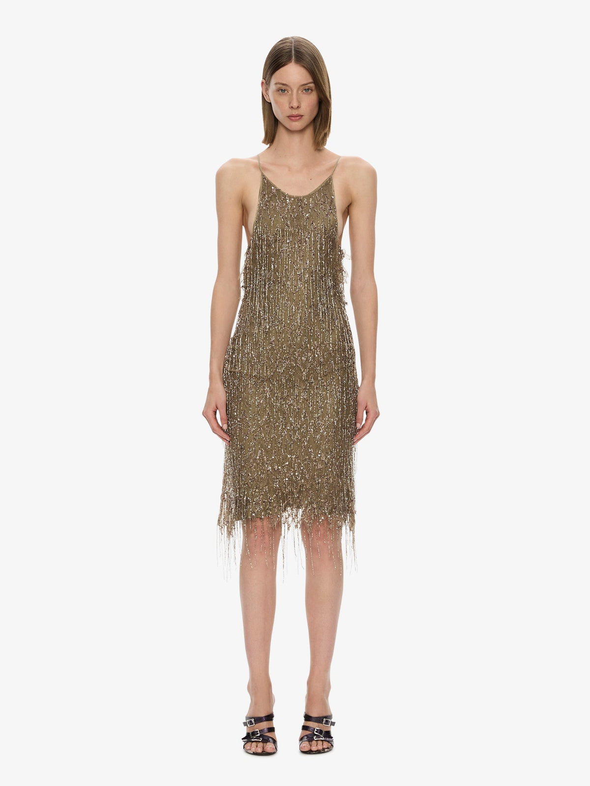 Image of Dresses. Product name - Gilded Chevron Lace Tank Dress in Khaki colour by brand - CHRISTOPHER ESBER