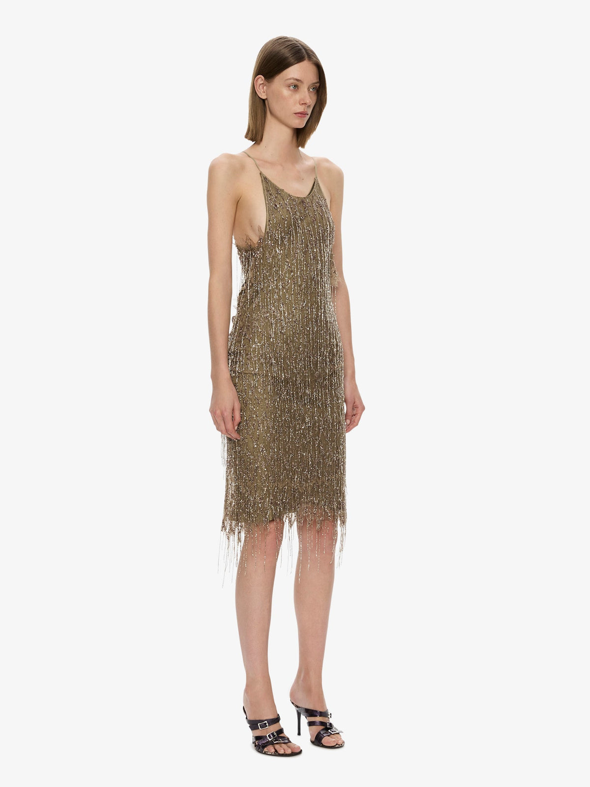 CHRISTOPHER ESBER Gilded Chevron Lace Tank Dress (Khaki)