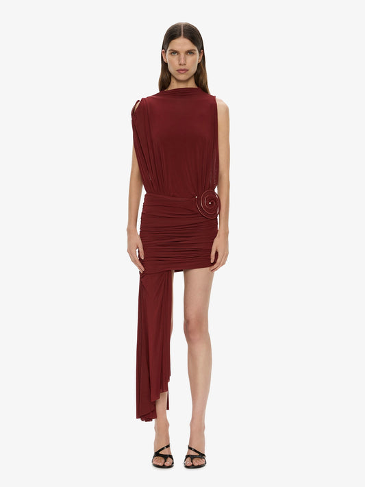 Image of Dresses. Product name - Aurelia Sculpted Spiral Cascade Mini Dress in Wine colour by brand - CHRISTOPHER ESBER