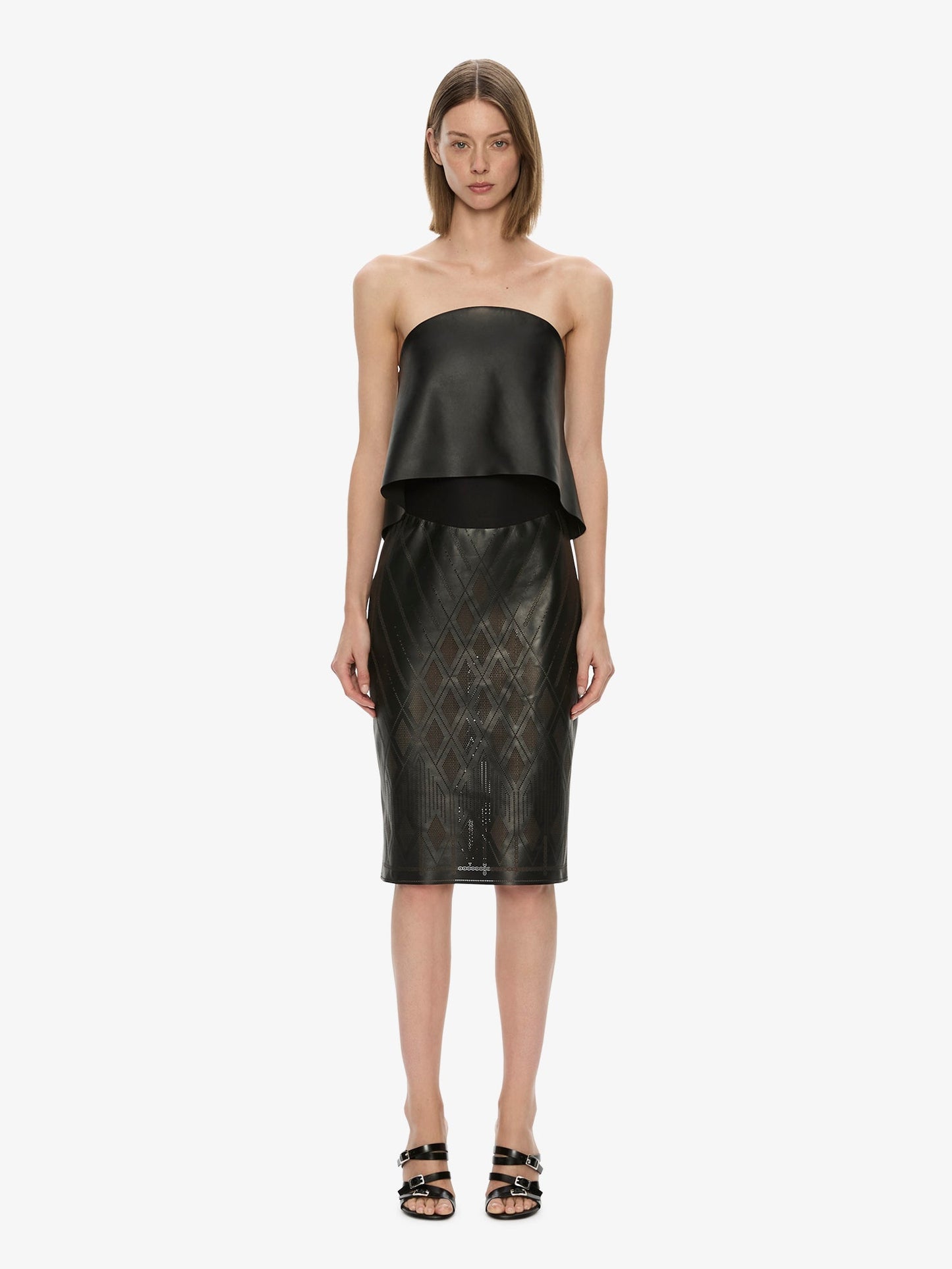 Image of Dresses. Product name - Perforated Sheath Leather Dress in Black colour by brand - CHRISTOPHER ESBER