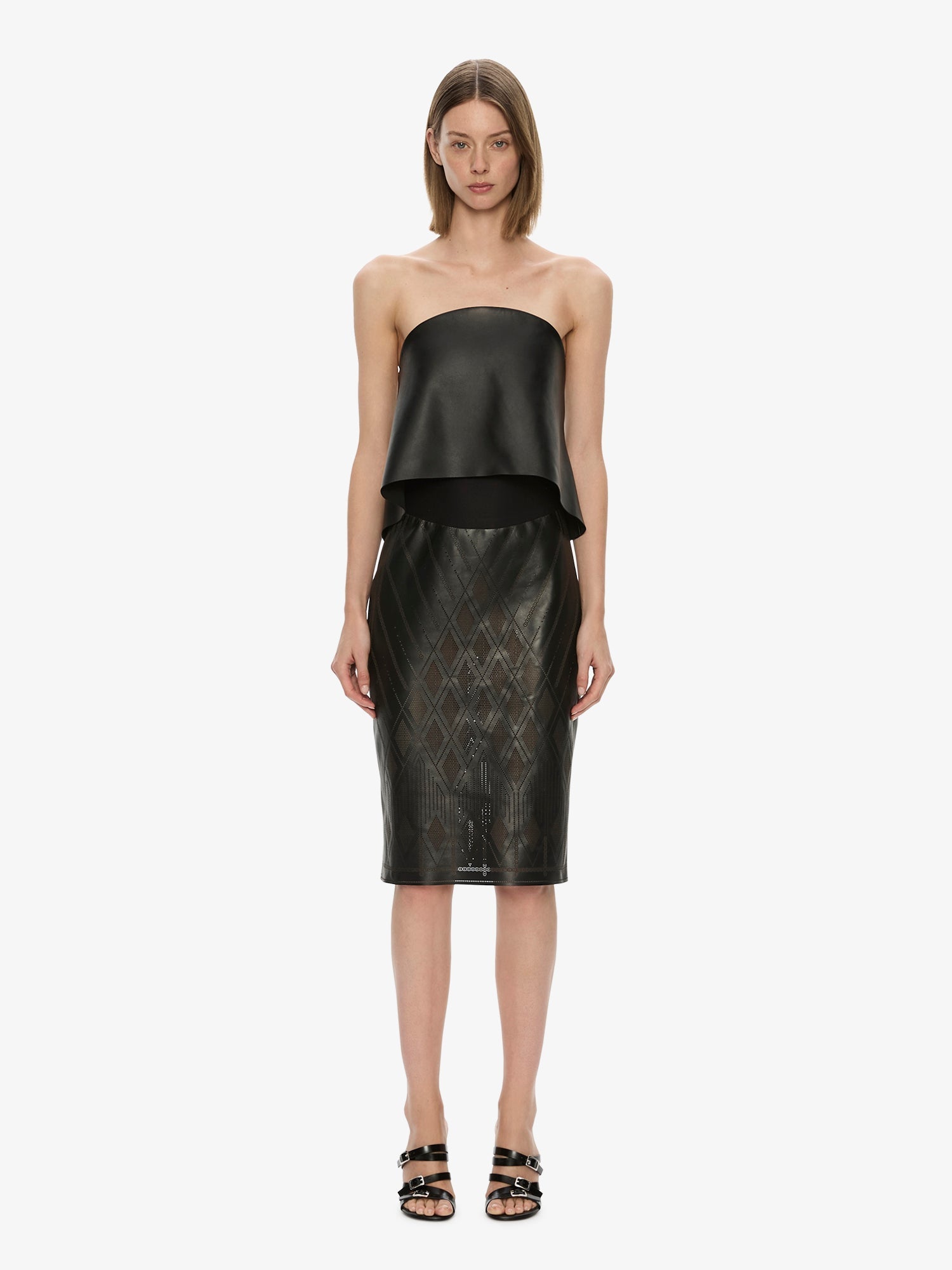 Image of Dresses. Product name - Perforated Sheath Leather Dress in Black colour by brand - CHRISTOPHER ESBER