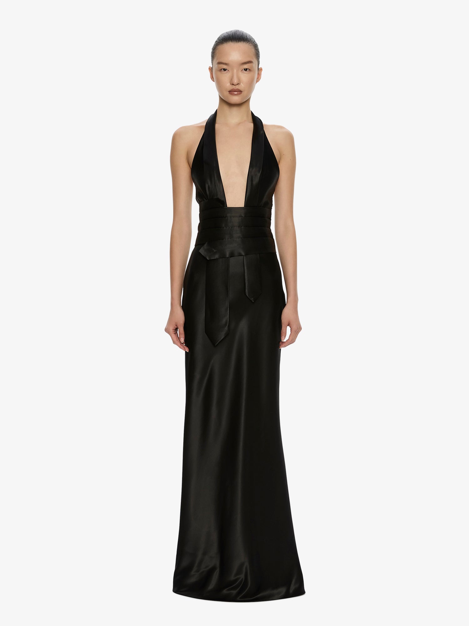 Image of Dresses. Product name - Reyer Satin Tie Gown in Black colour by brand - CHRISTOPHER ESBER