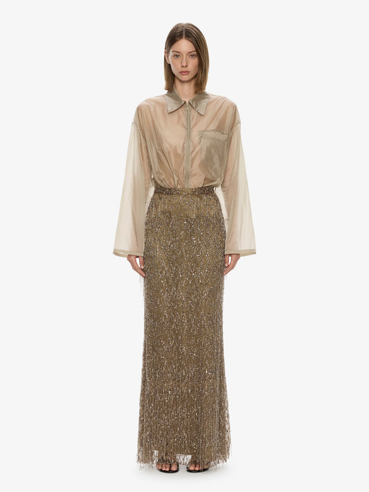 Image of a model wearing Skirts. Product name - Gilded Chevron Lace Skirt in Skirt colour by brand - CHRISTOPHER ESBER
