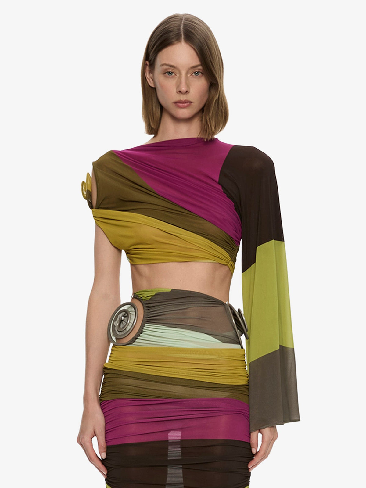 Image of a model wearing Tops. Product name - Aurelia Sculpted Spiral Drape Top in Stripe colour by brand - CHRISTOPHER ESBER