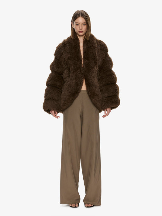 Image of a model wearing Outerwear. Product name - Tabatha Jacket in Chocolate colour by brand - CHRISTOPHER ESBER