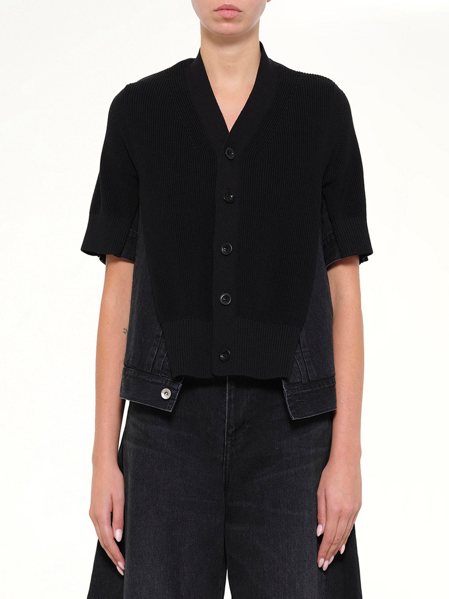 Image of Cardigans. Product name - Denim x Knit SS Cardigan in Black colour by brand - SACAI